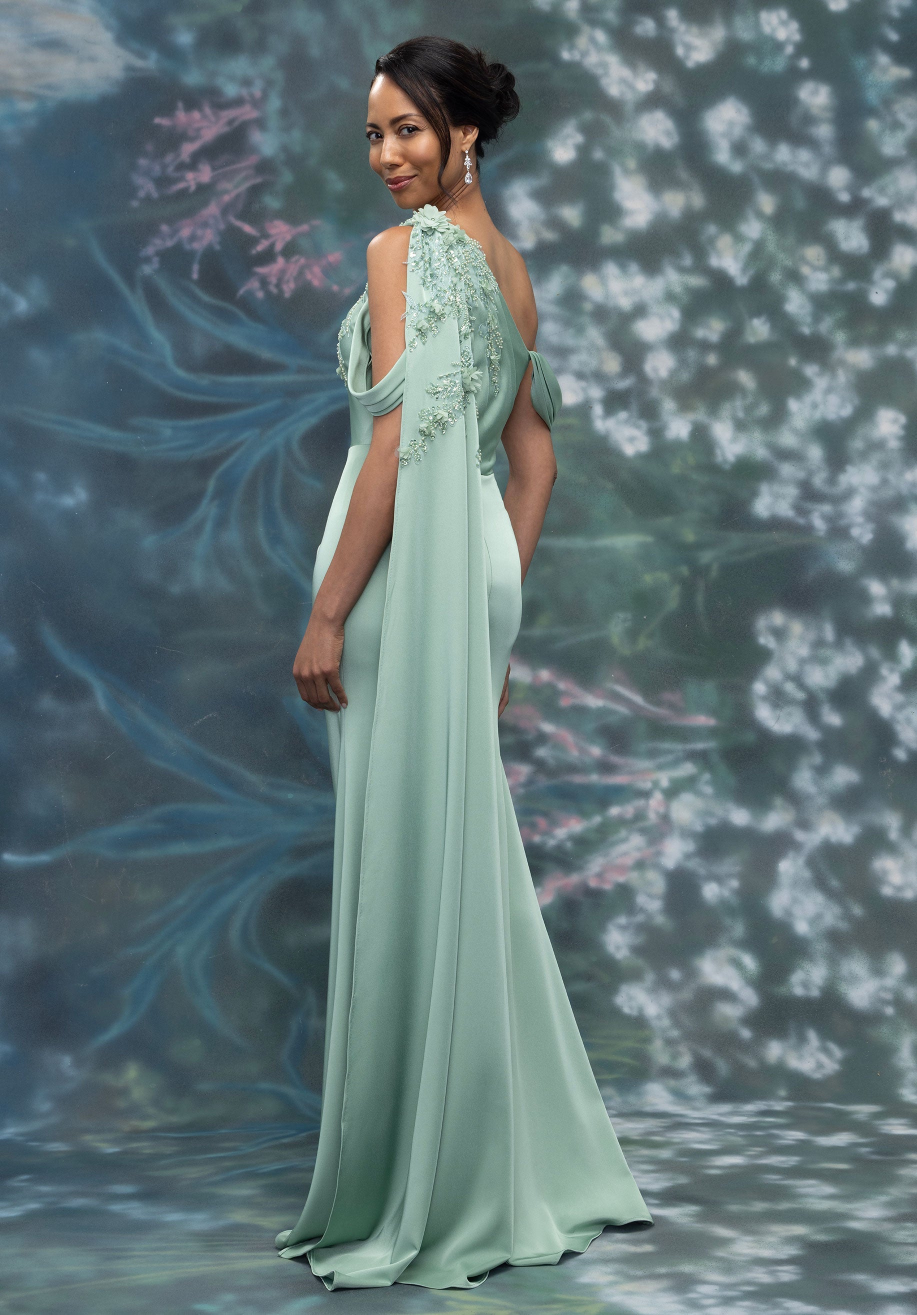 One Shoulder Drape Beaded Embroidered Crepe Evening Gown