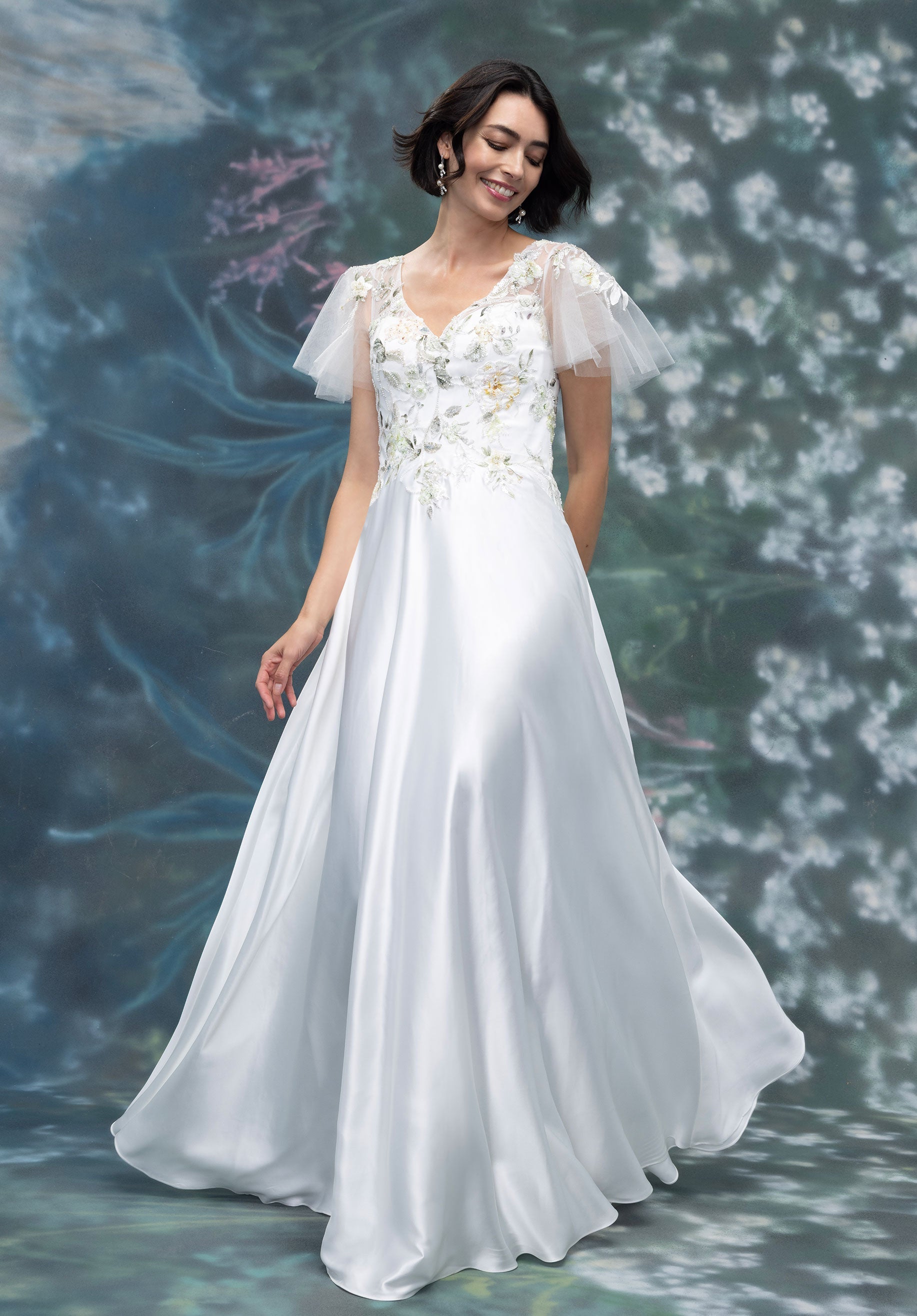 Floral Embroidered Satin A-Line Evening Gown with Flutter Sleeves