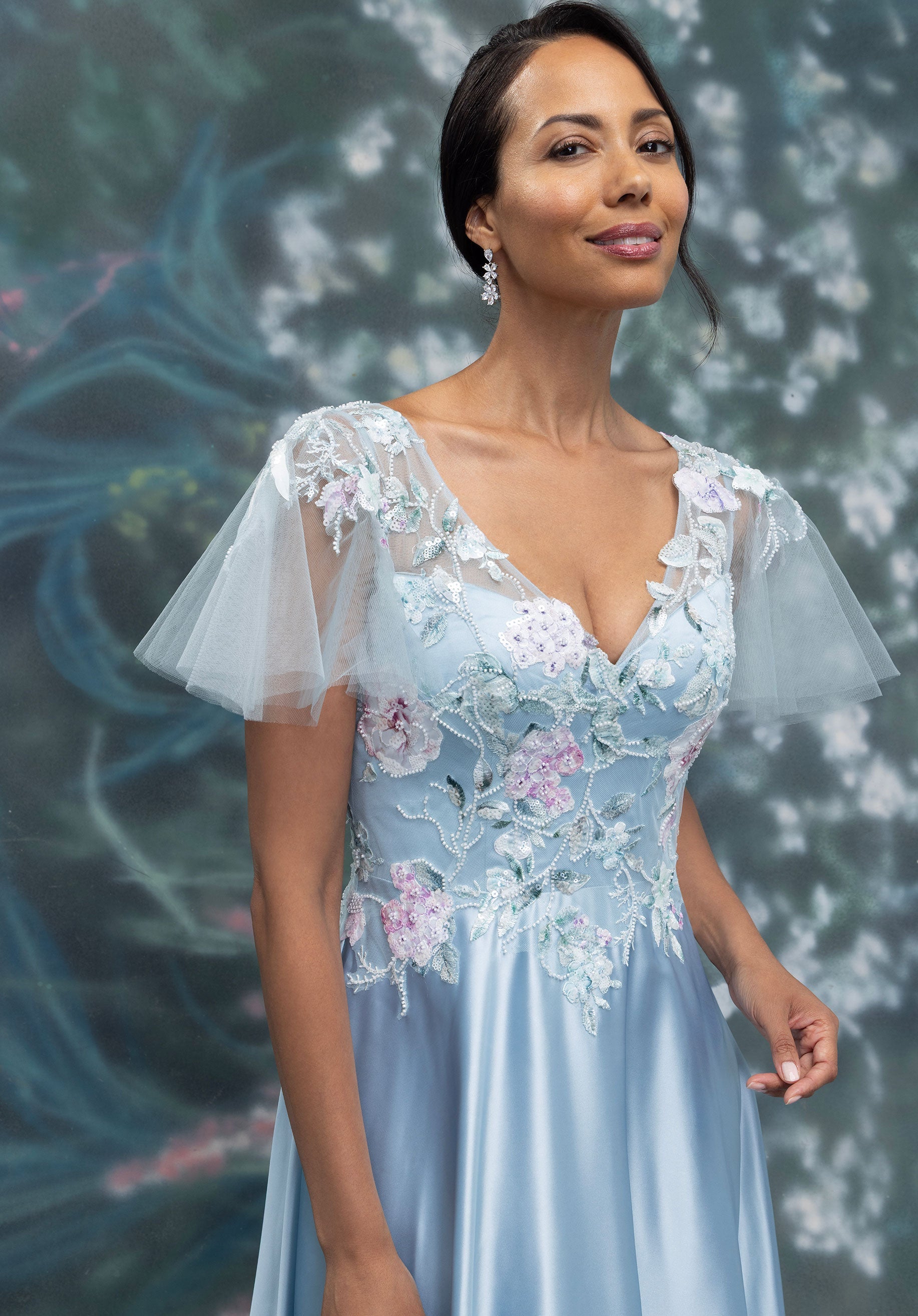 Floral Embroidered Satin A-Line Evening Gown with Flutter Sleeves