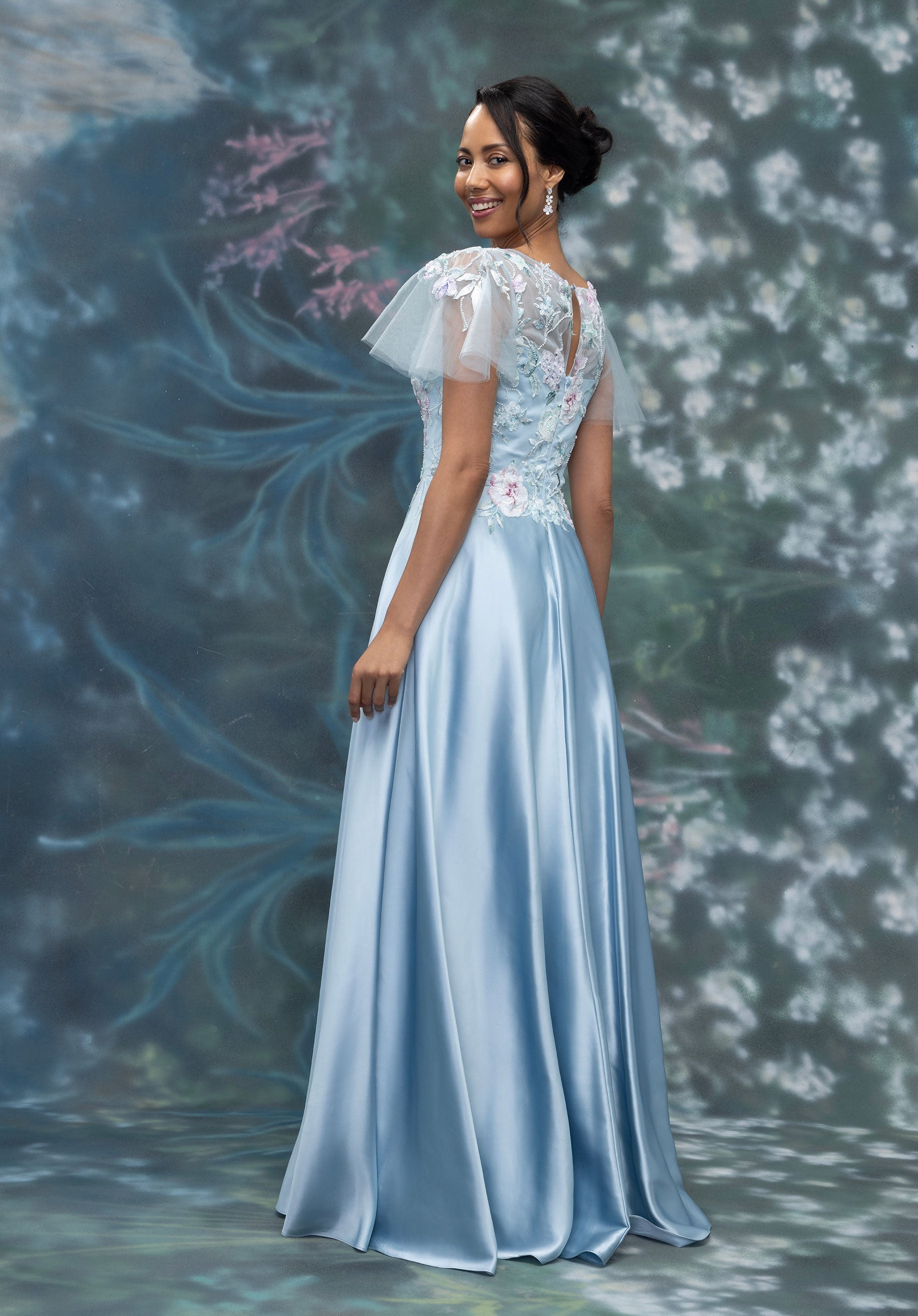 Floral Embroidered Satin A-Line Evening Gown with Flutter Sleeves