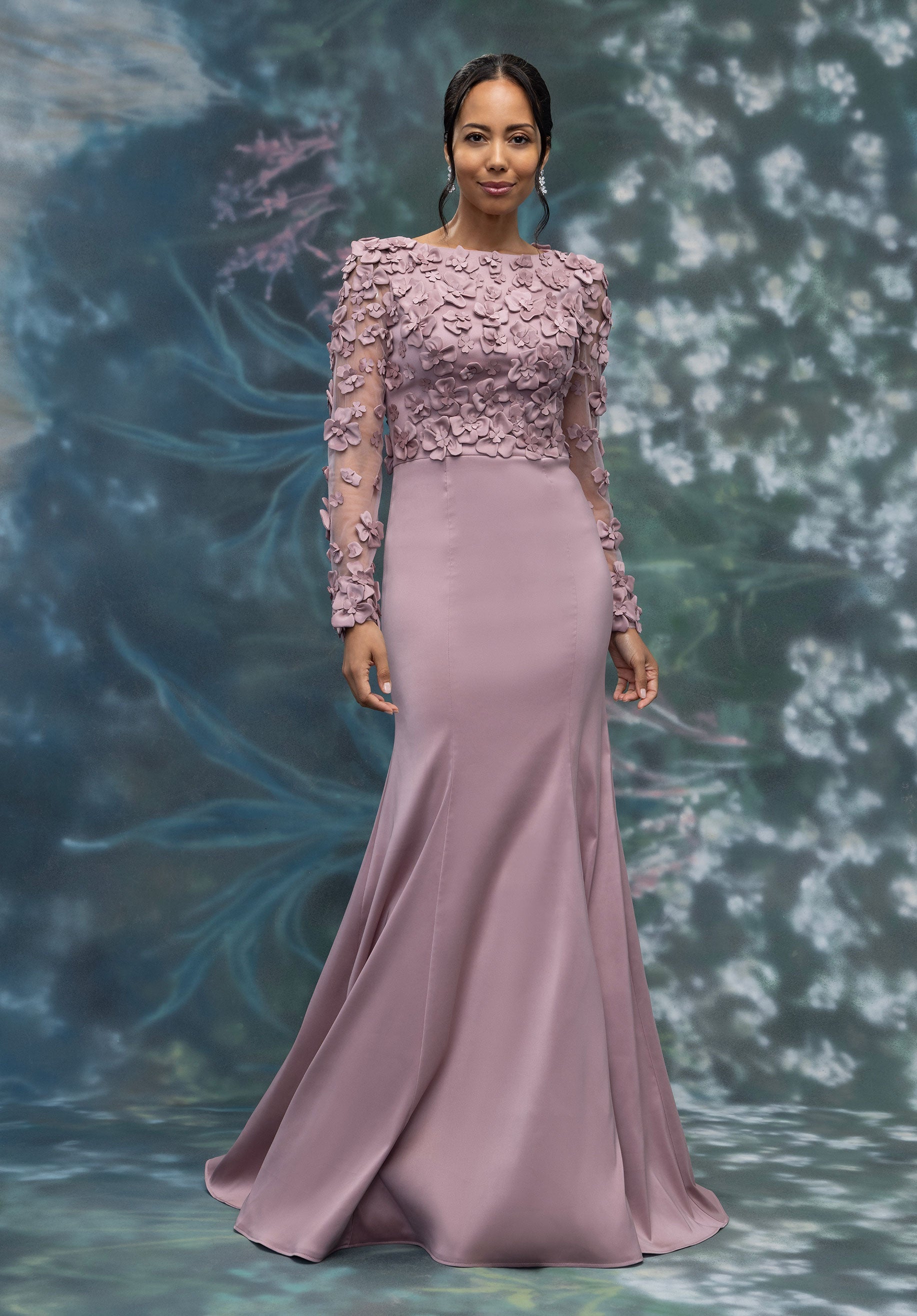 Long Sleeve Floral Embroidered Stretch Mikado Evening Gown