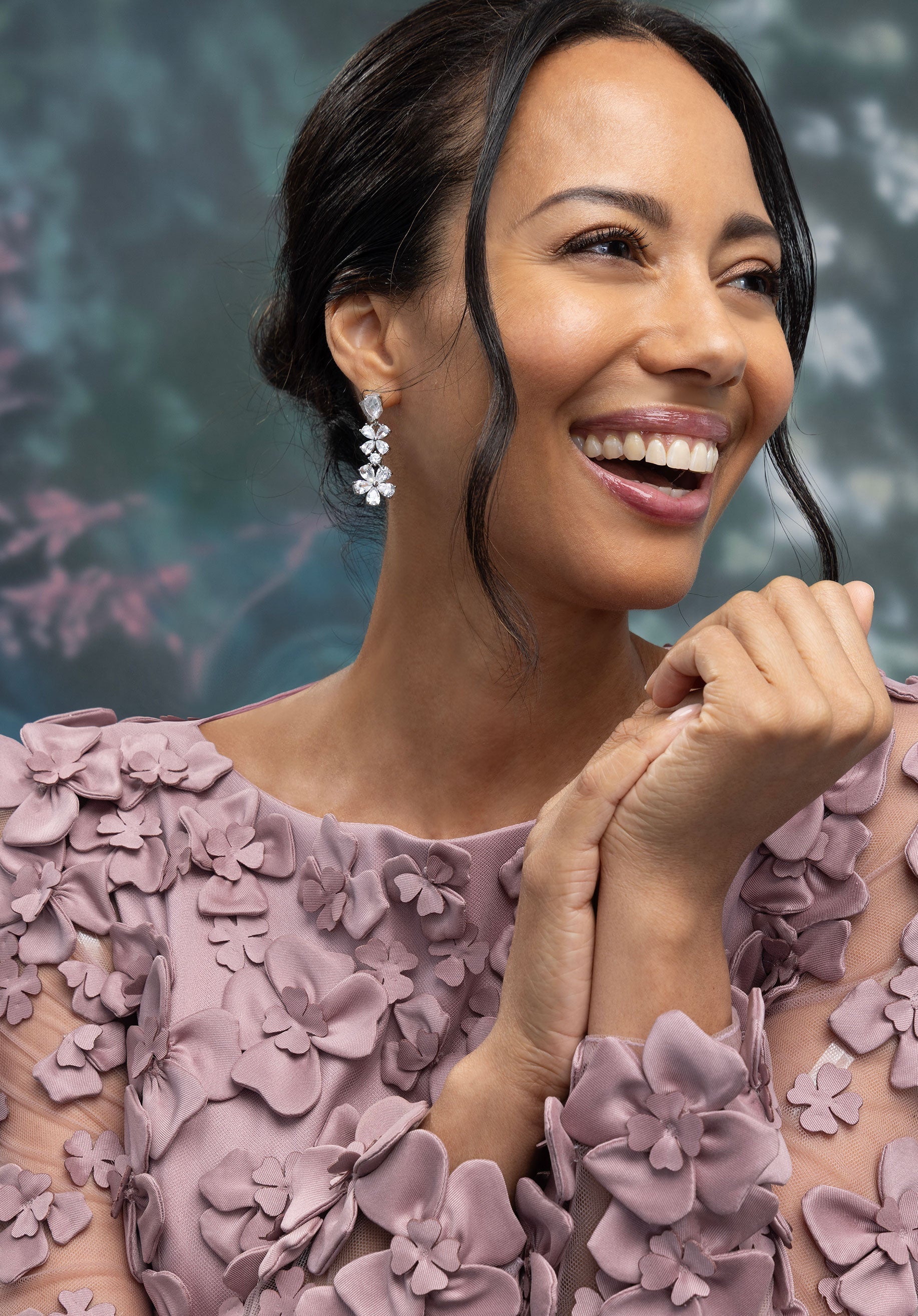 Long Sleeve Floral Embroidered Stretch Mikado Evening Gown