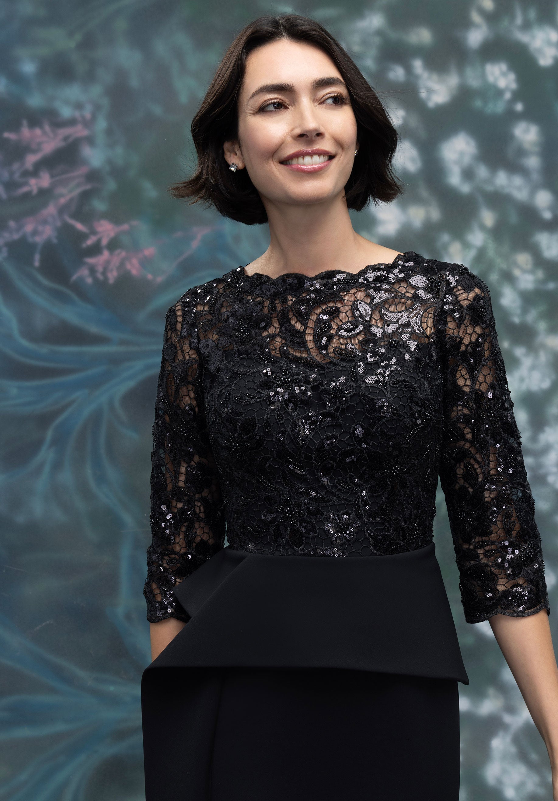 Beaded Lace and Stretch Crepe Evening Gown with Peplum