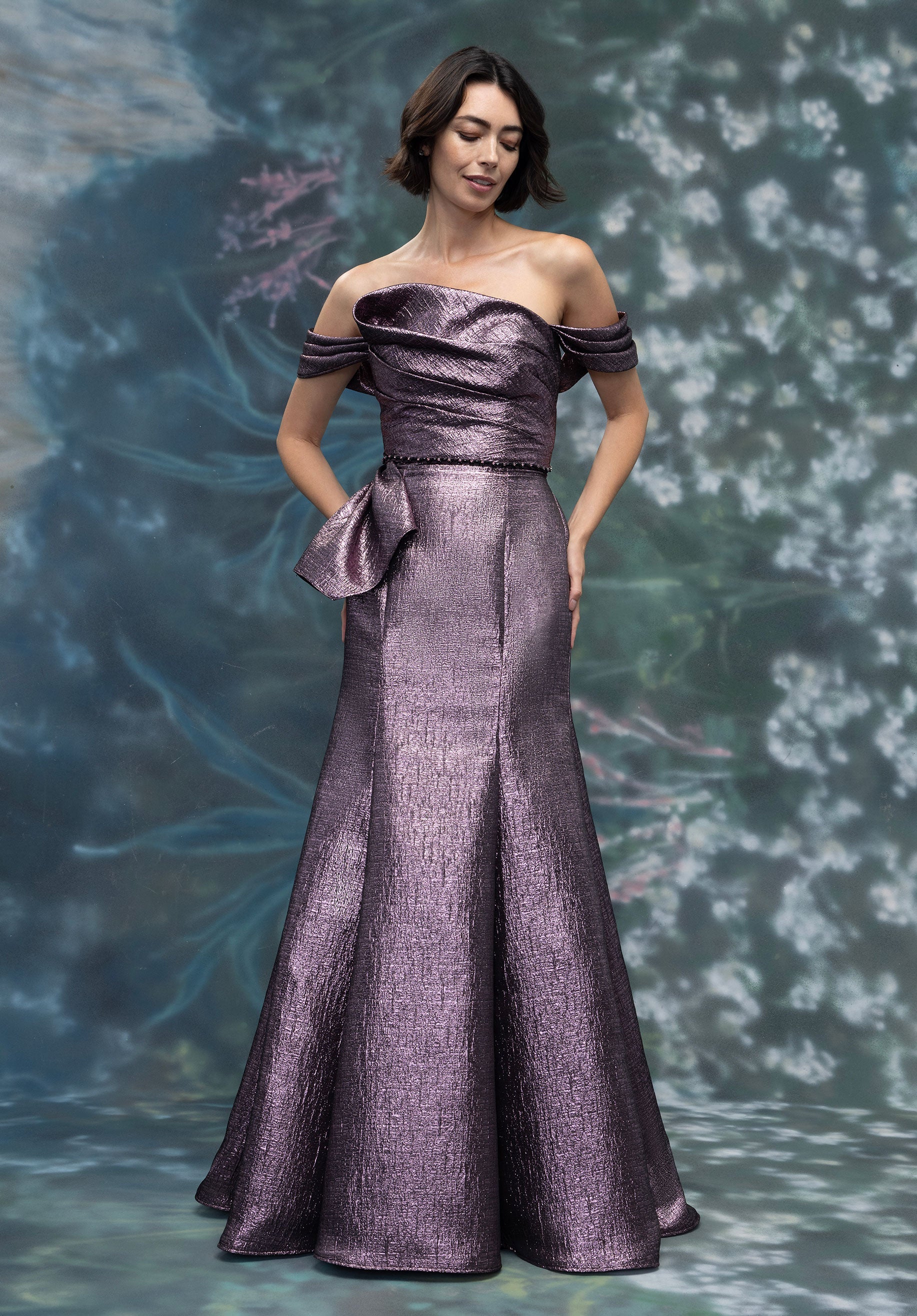 Asymmetrical Drape Metallic Jacquard Evening Gown