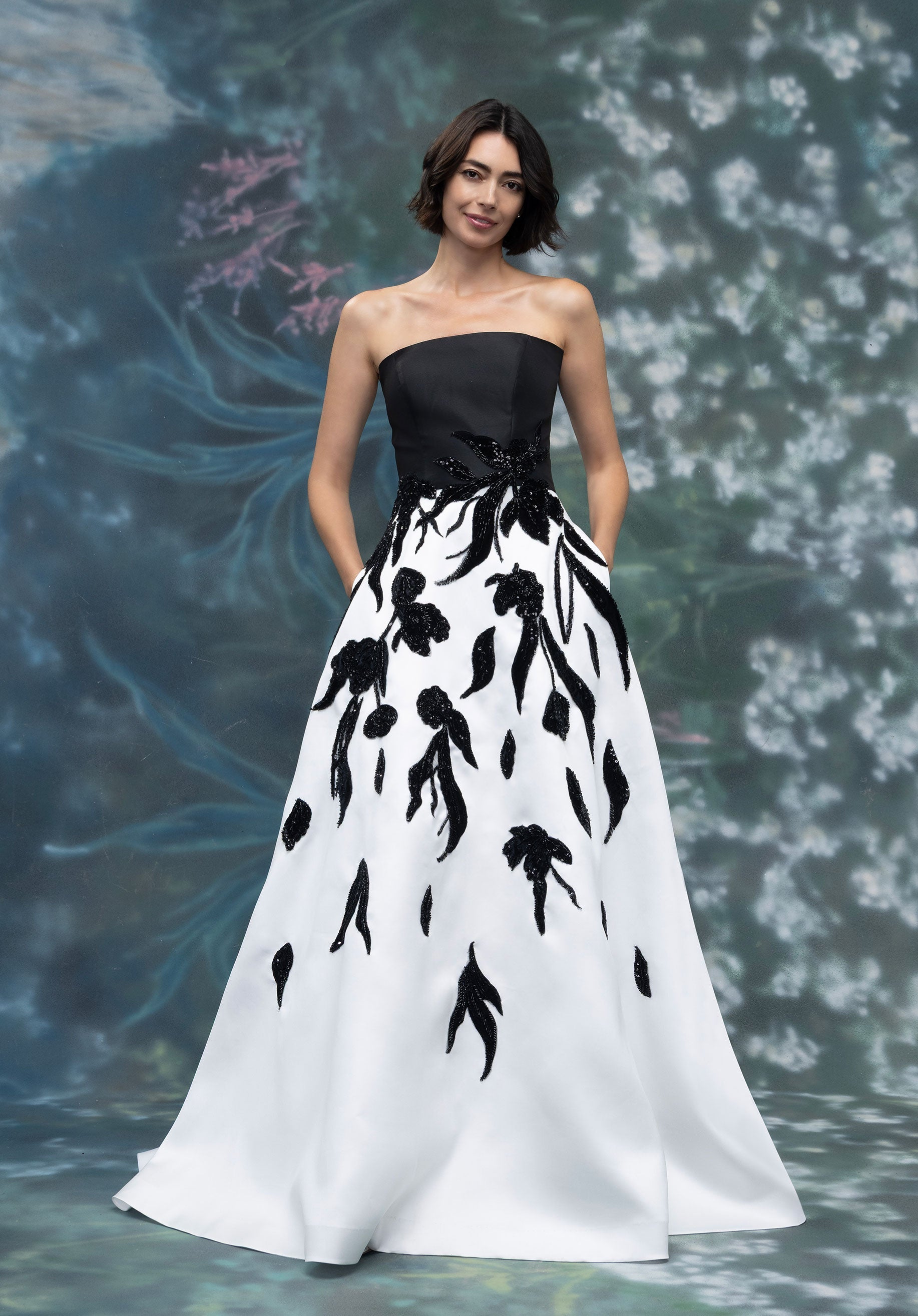 Strapless Mikado Evening Gown with Beaded Floral Appliqué