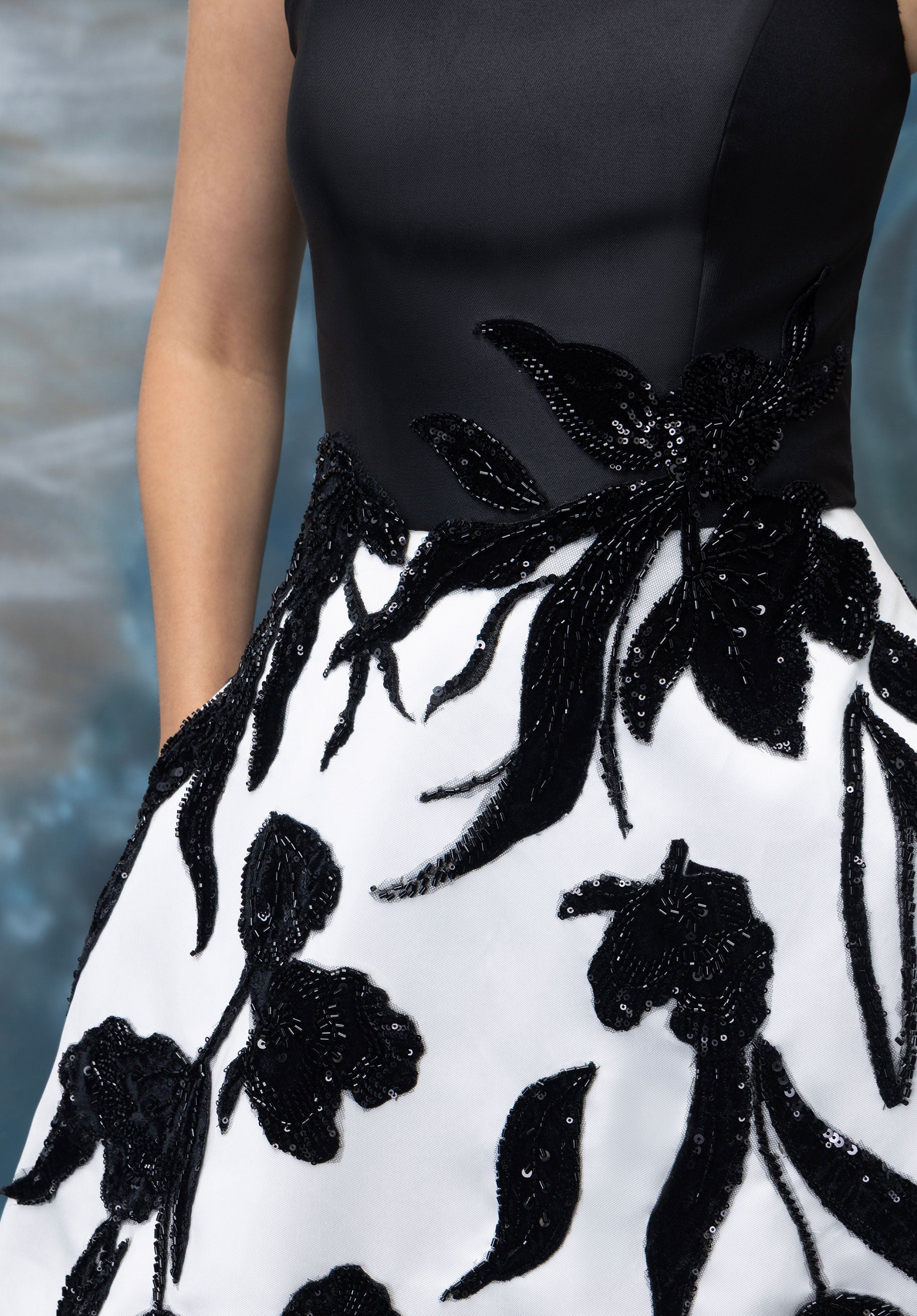 Strapless Mikado Evening Gown with Beaded Floral Appliqué