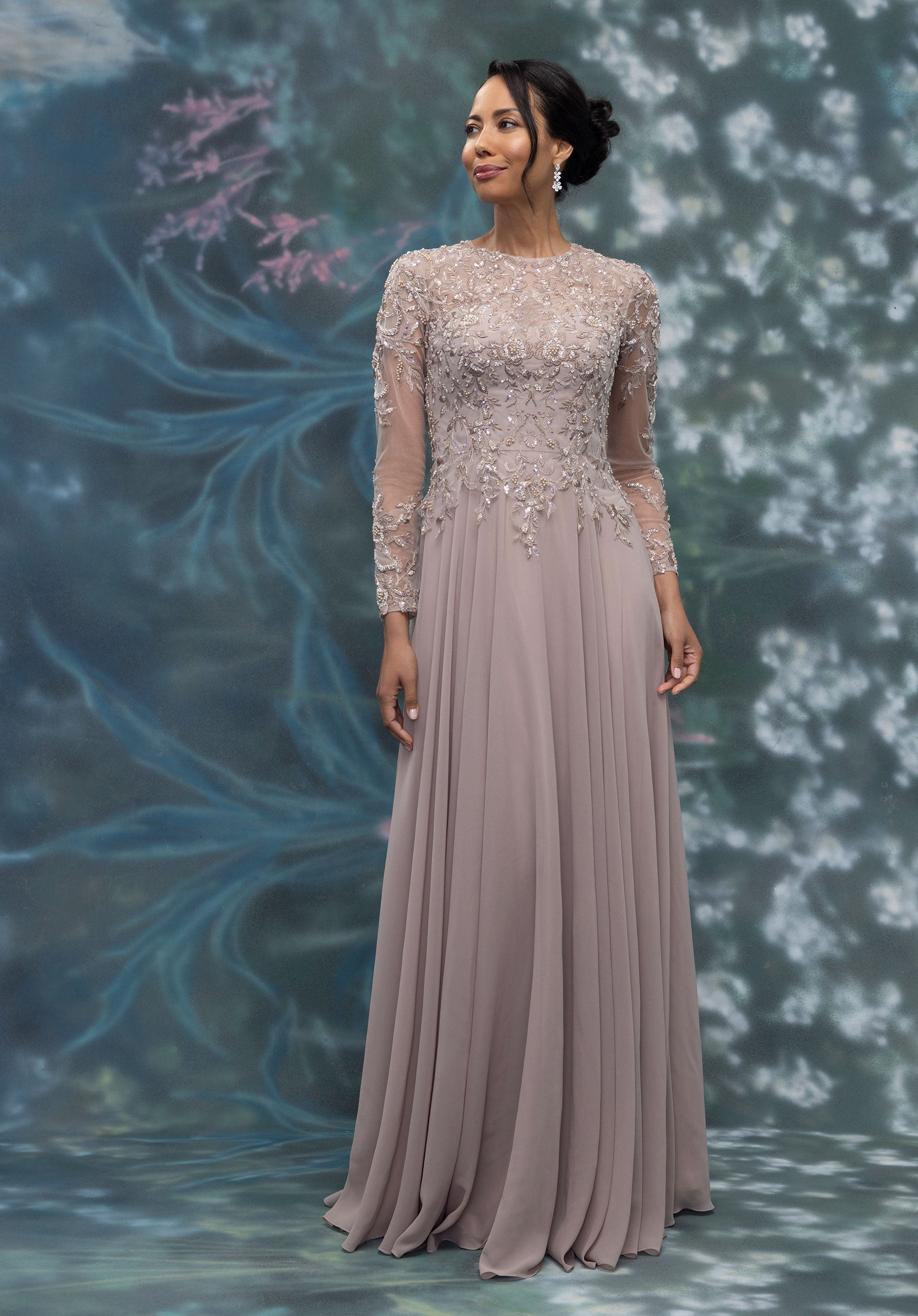 Embroidered Illusion Tulle and Chiffon Evening Gown