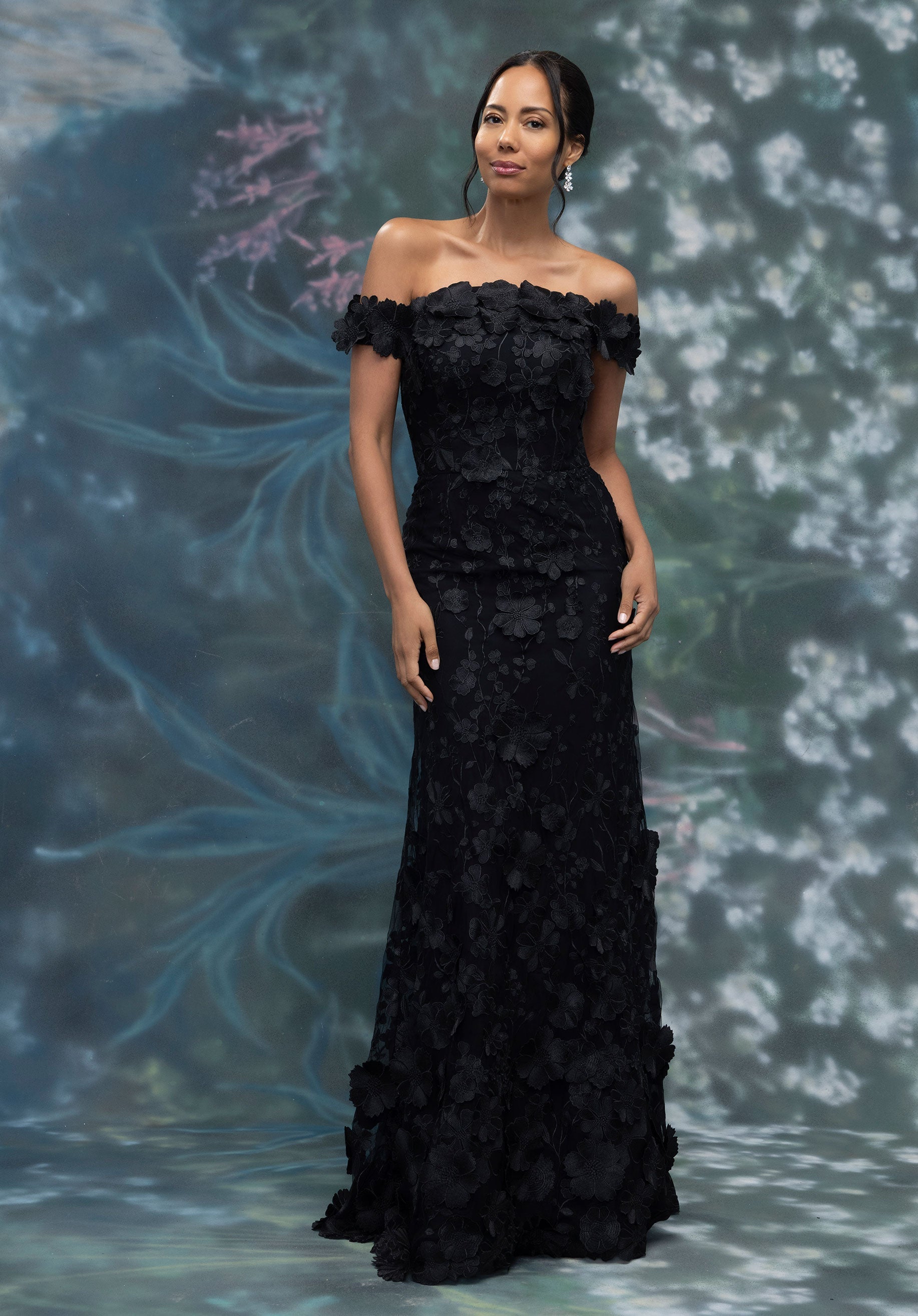 Floral Threadwork Embroidered Fit and Flare Evening Gown