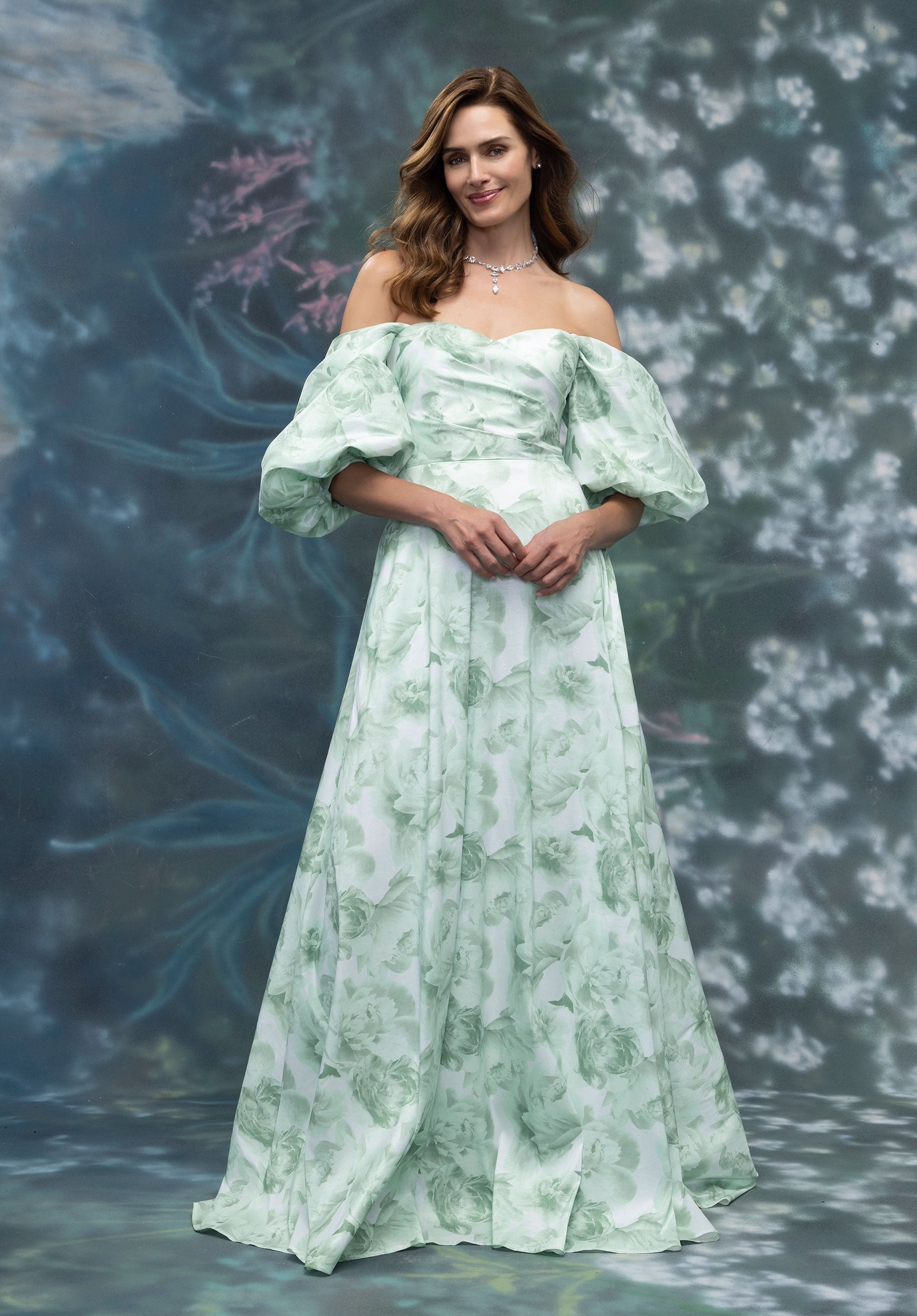 Floral Printed Brocade A-Line Evening Gown