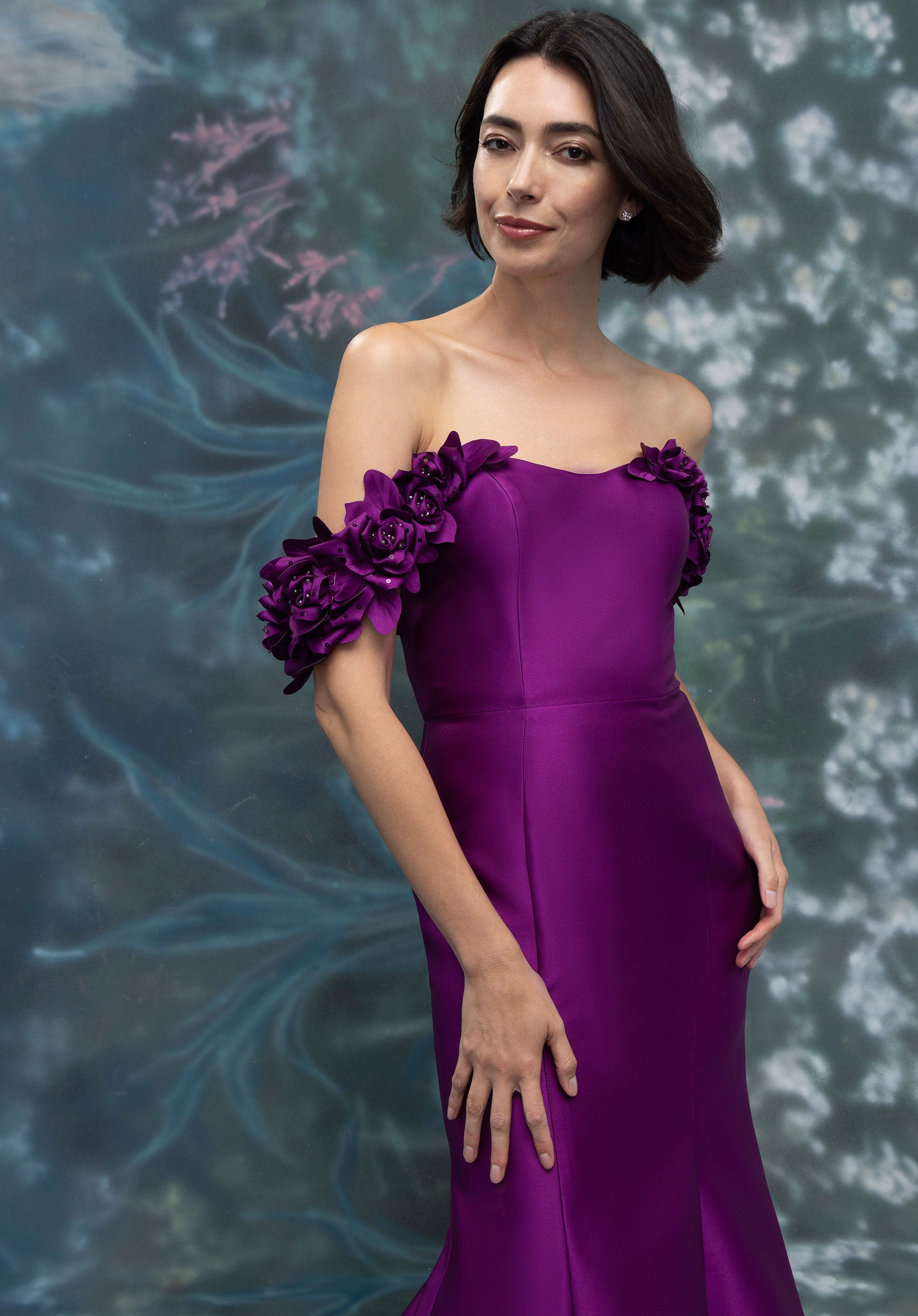 3D Floral Off The Shoulder Mikado Mermaid Evening Gown