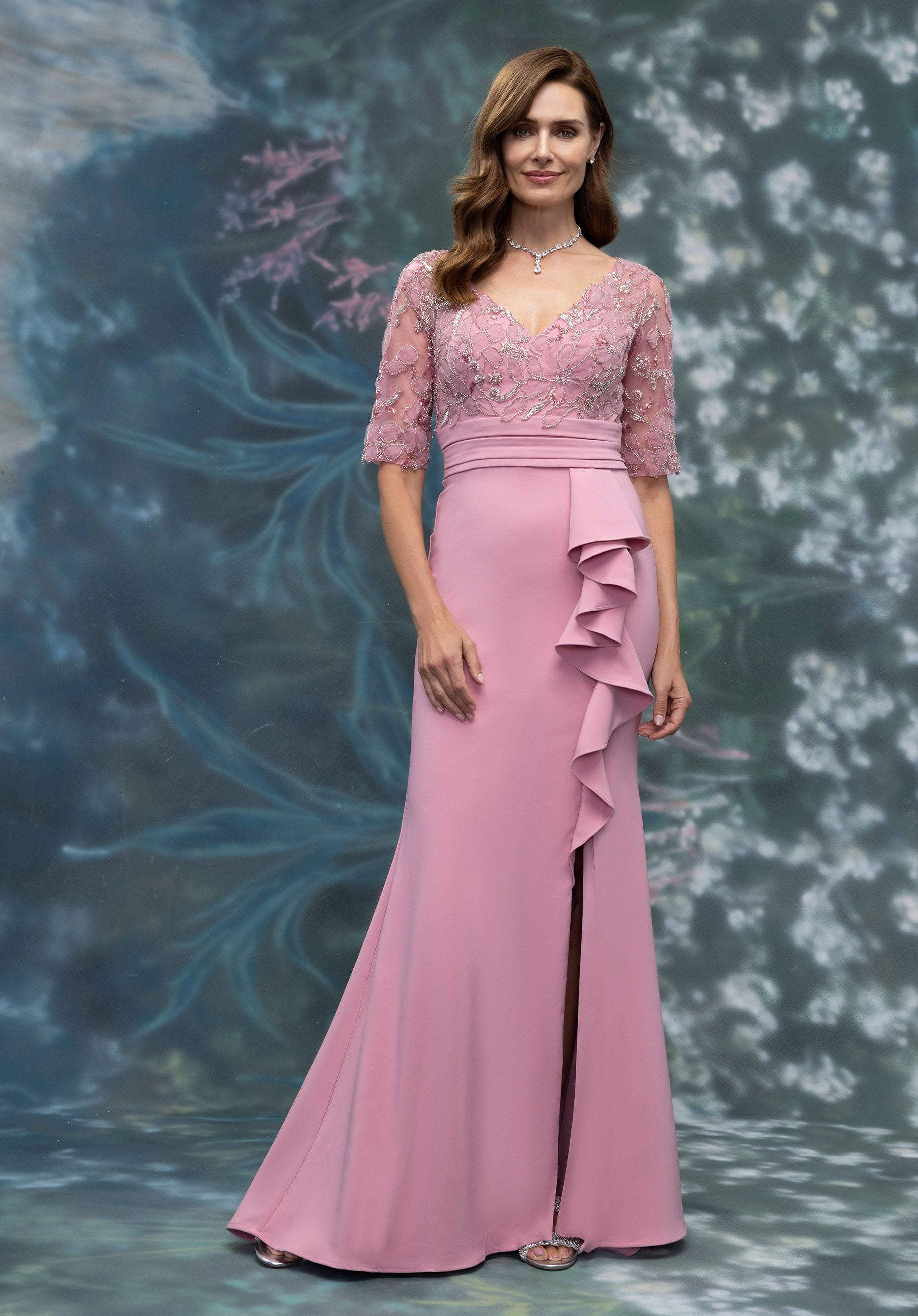 Tulle and Beaded Lace on Ruffle Crepe Skirt Evening Gown