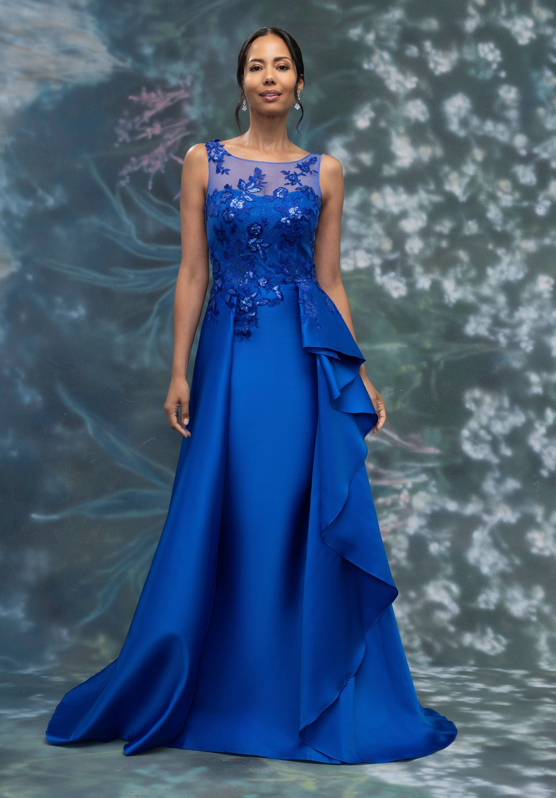 Illusion Embroidered Bodice and Cascading Ruffle Skirt Evening Gown