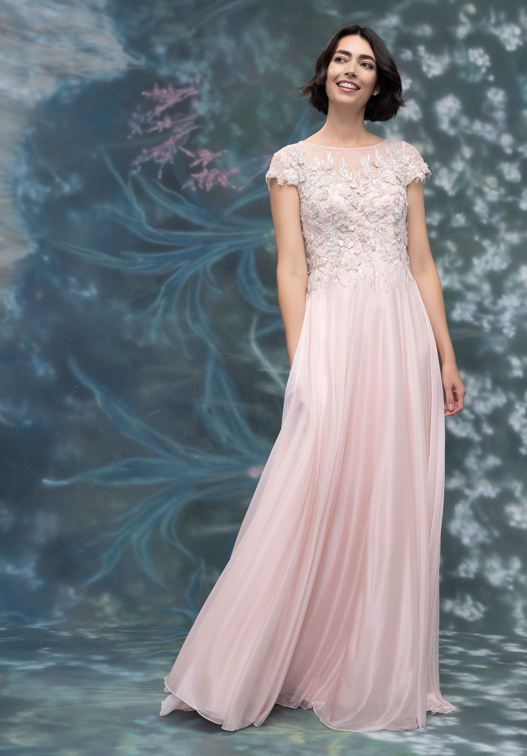 3D Floral and Hand Beaded Crystal Shimmer Chiffon Evening Gown