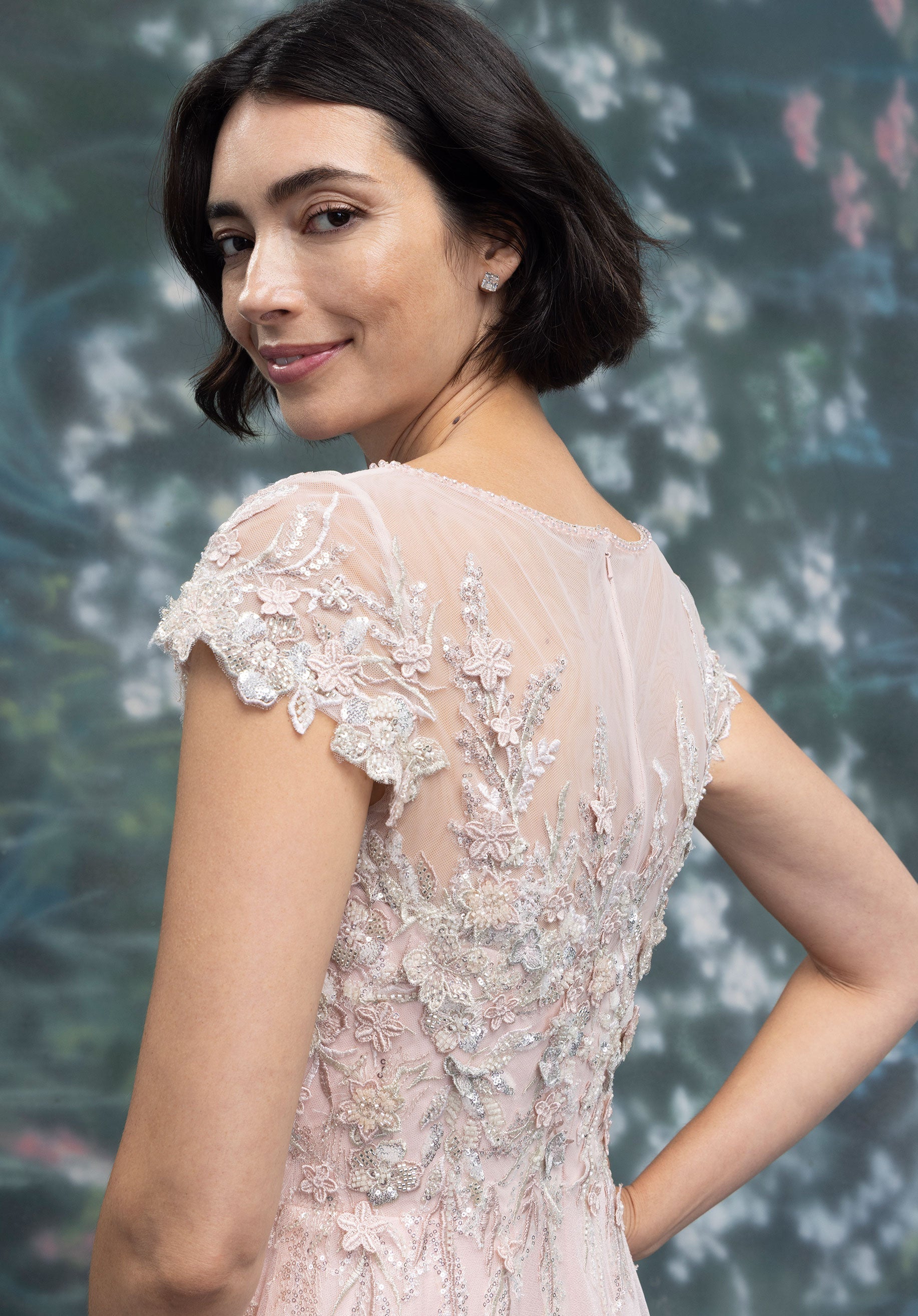 3D Floral and Hand Beaded Crystal Shimmer Chiffon Evening Gown