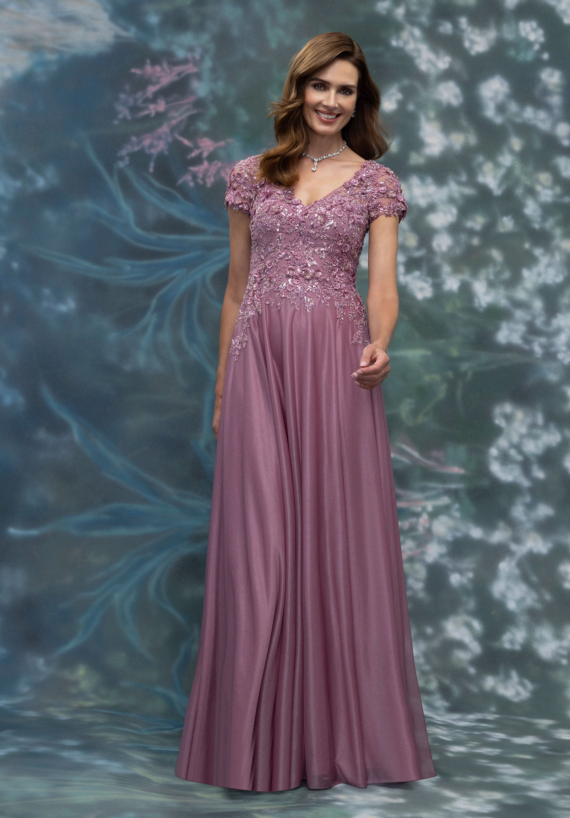 Short Sleeve Shimmer Chiffon Evening Gown with Florals and Hand Beading