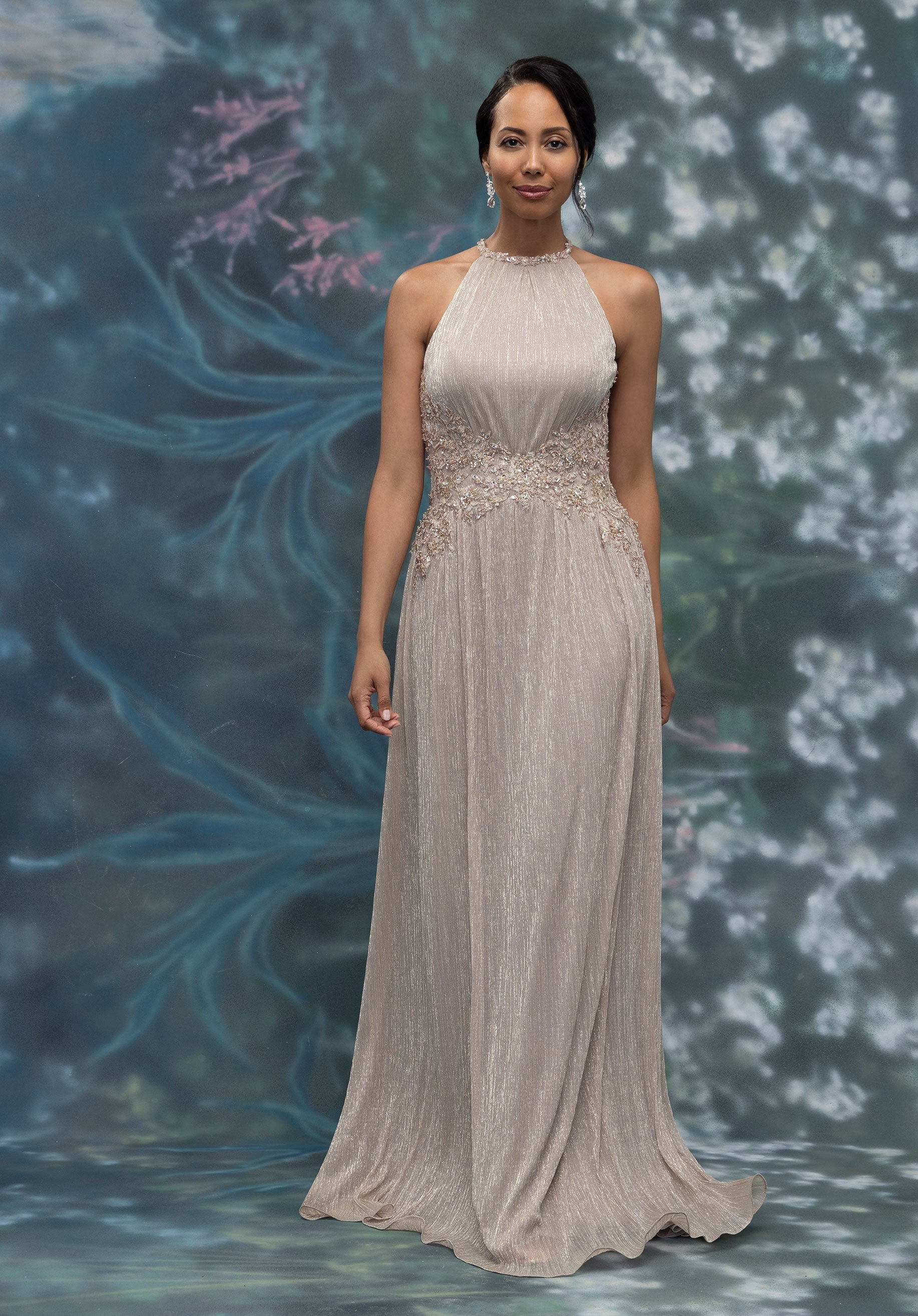 Halter Neck Metallic Knit Evening Gown with Beaded Waistline