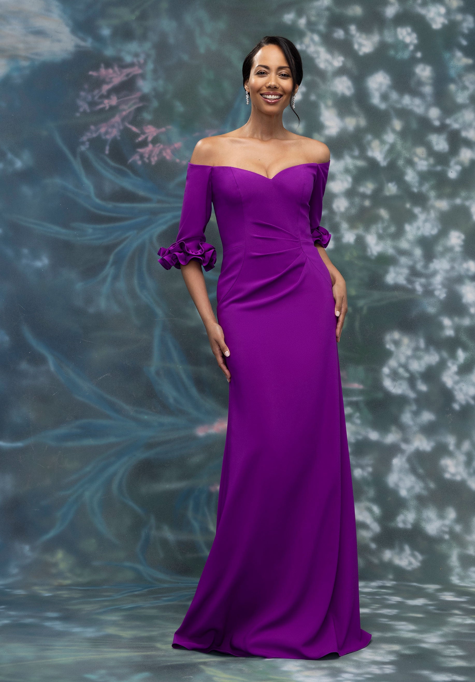 Off The Shoulder Crepe Fit and Flare Evening Gown with Petal Cuffs