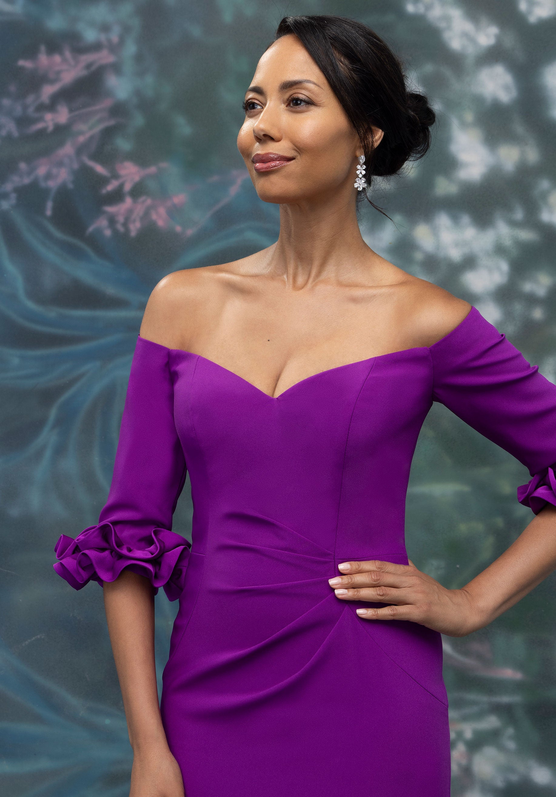 Off The Shoulder Crepe Fit and Flare Evening Gown with Petal Cuffs