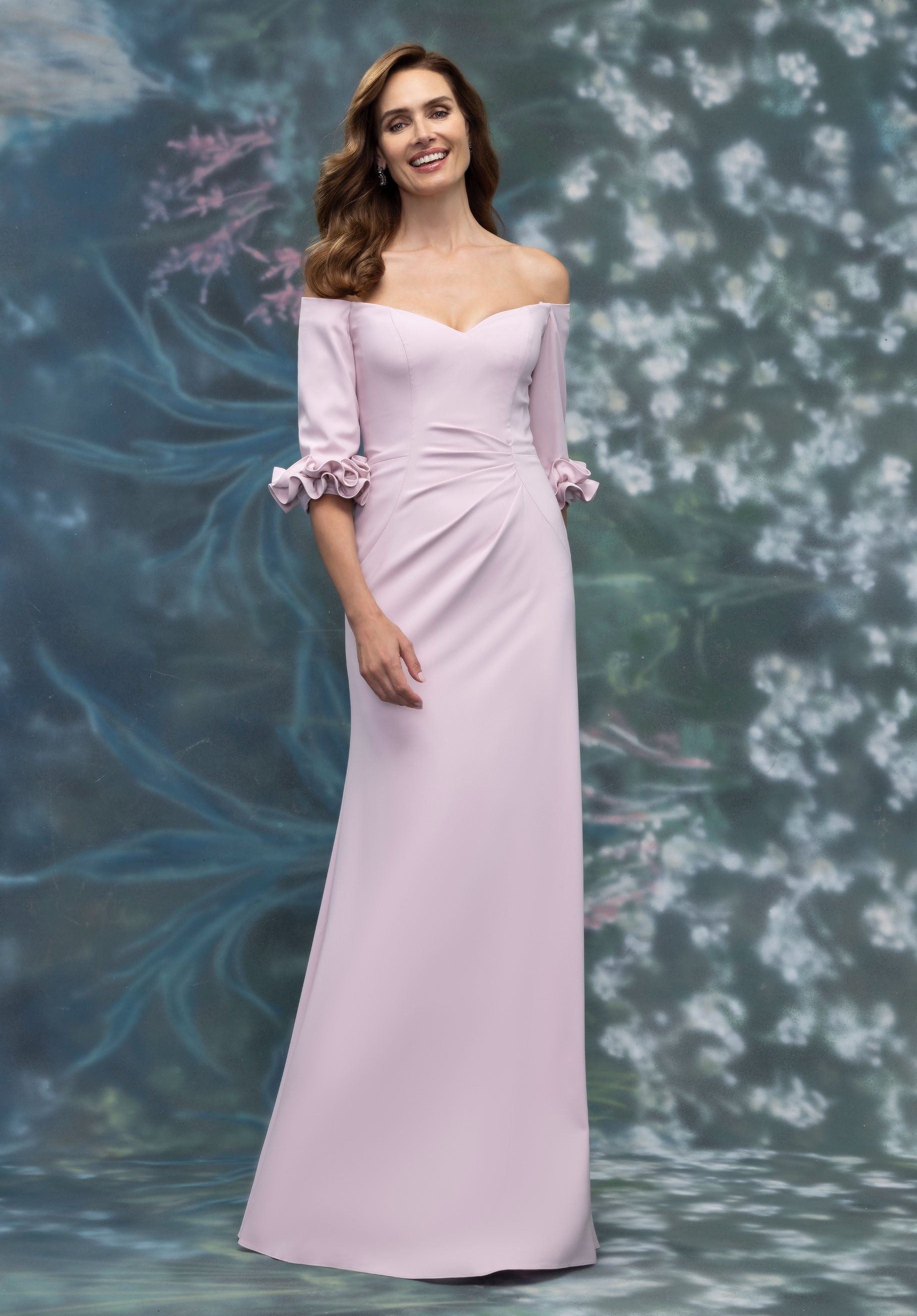 Off The Shoulder Crepe Fit and Flare Evening Gown with Petal Cuffs