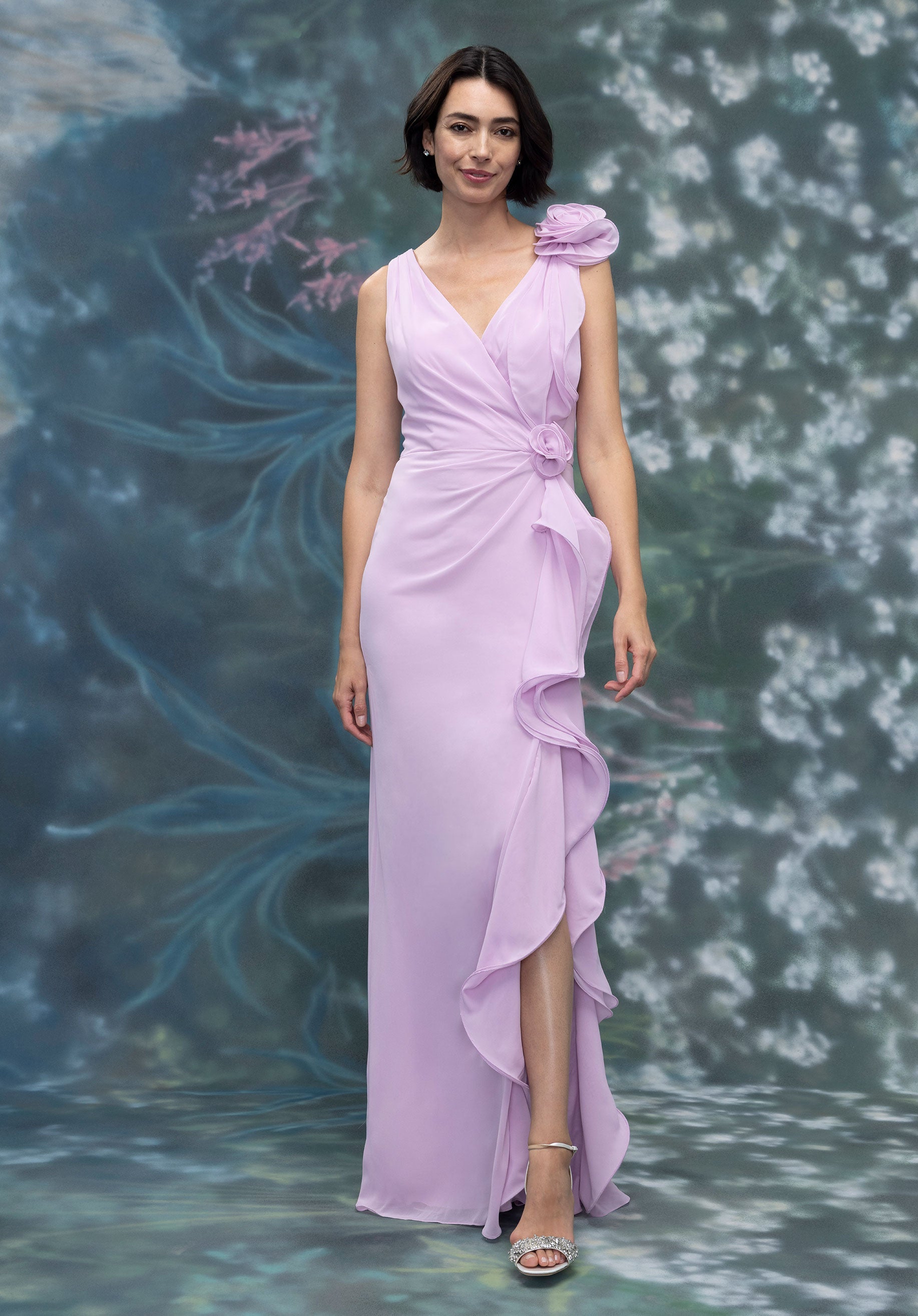 Draped Cascading Ruffle Chiffon Evening Gown with 3D Flowers