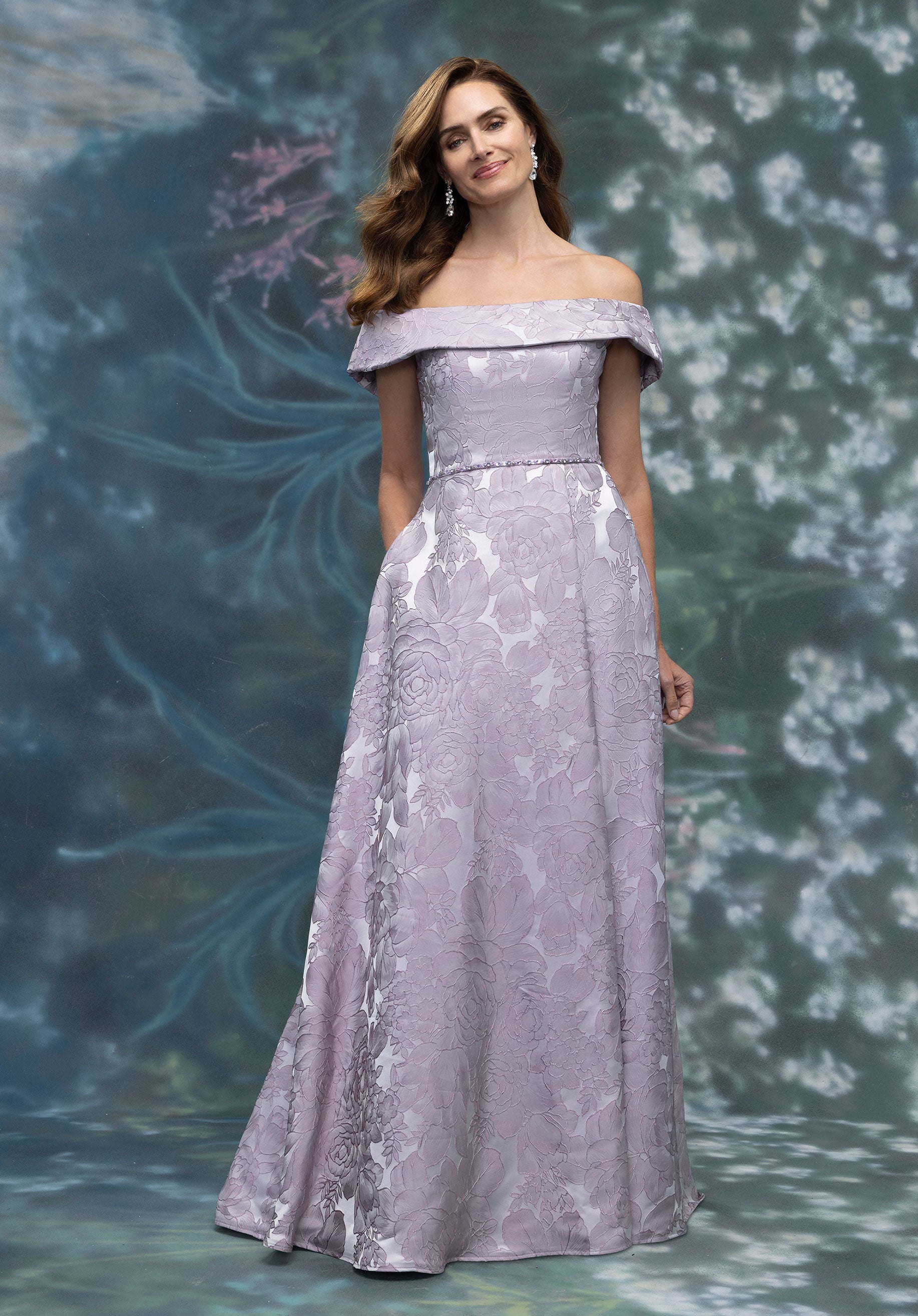 Strapless Fold Over Neckline Floral Brocade Evening Gown