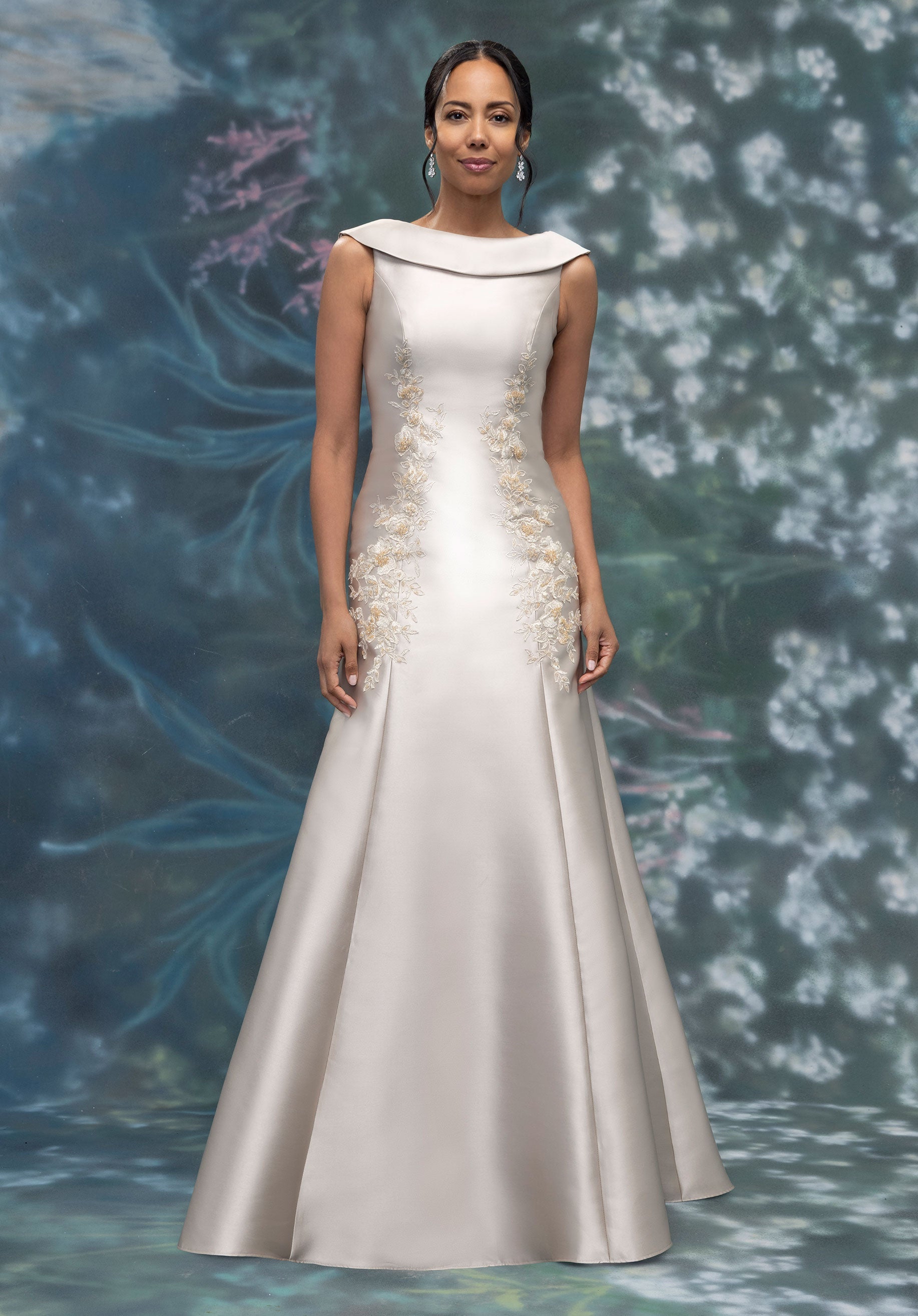 Drop Waist Mikado A-Line Evening Gown with Appliqué