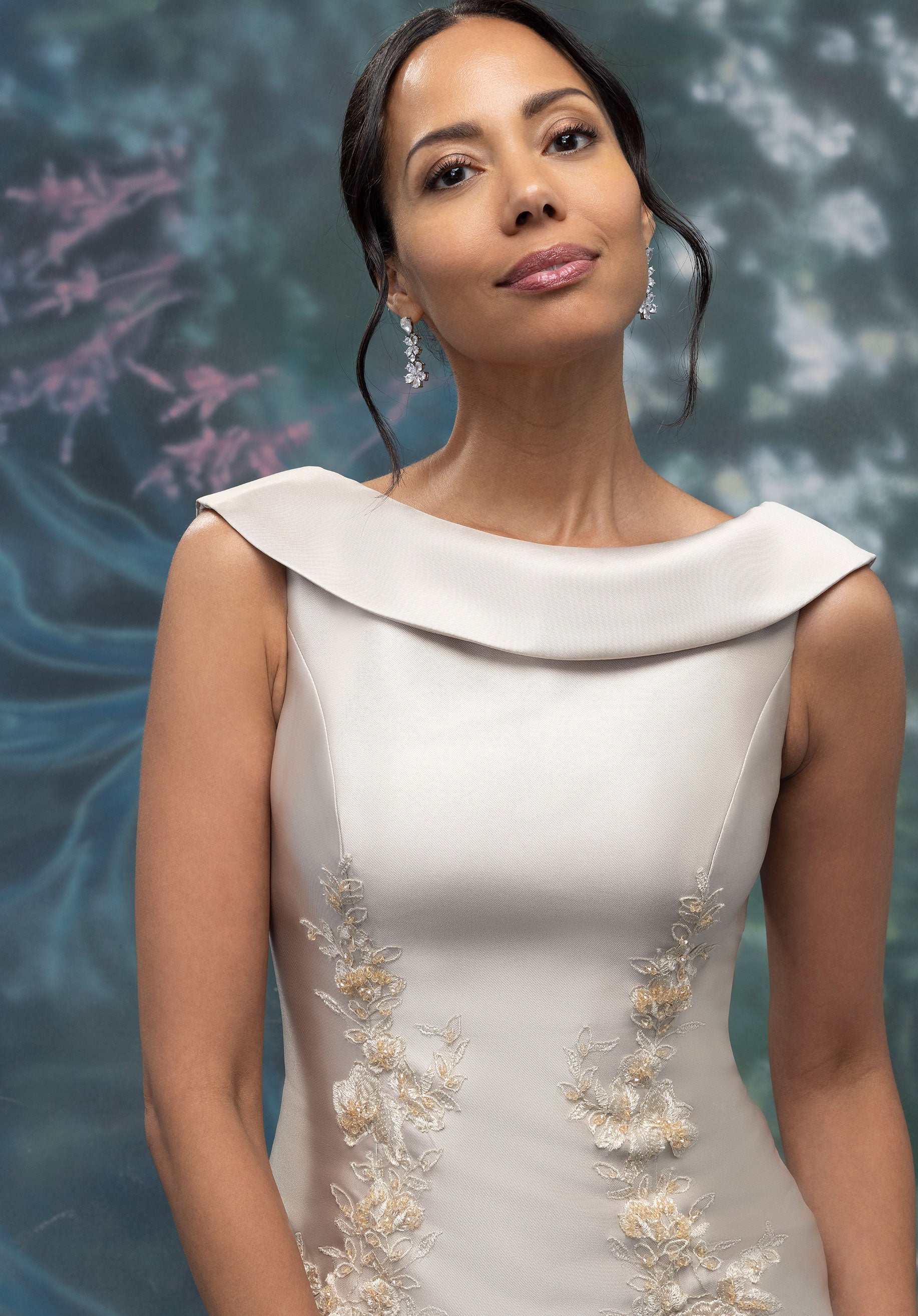 Drop Waist Mikado A-Line Evening Gown with Appliqué