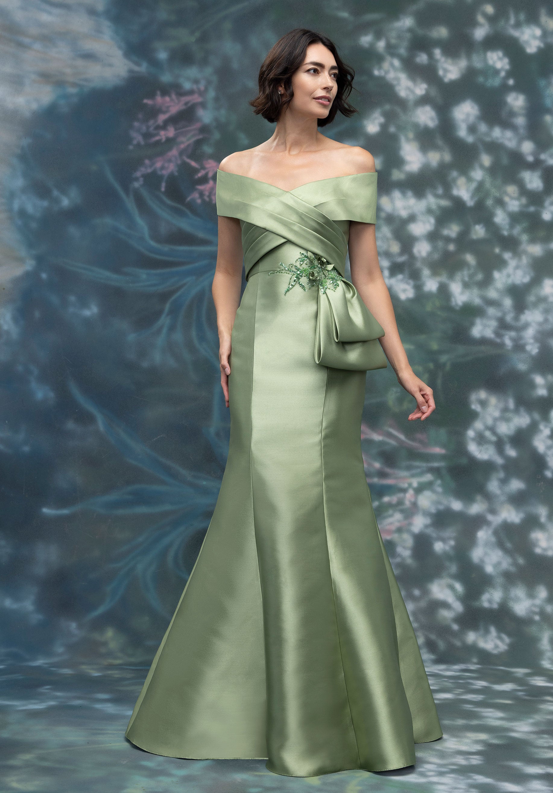 Criss Cross Portrait Neck Mikado Evening Gown with Crystal Appliqués