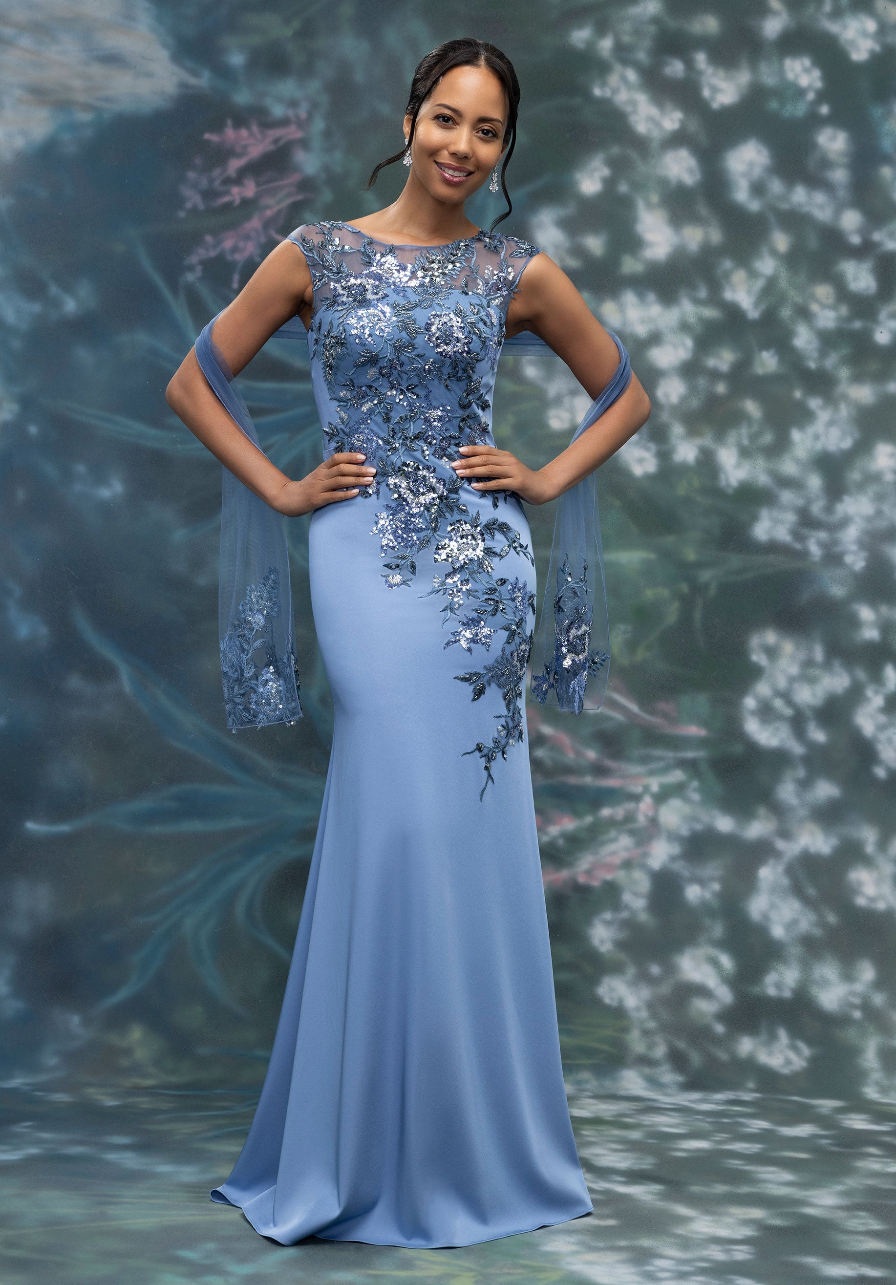 Beaded Floral Embroidered Stretch Crepe Evening Gown with Illusion Neckline