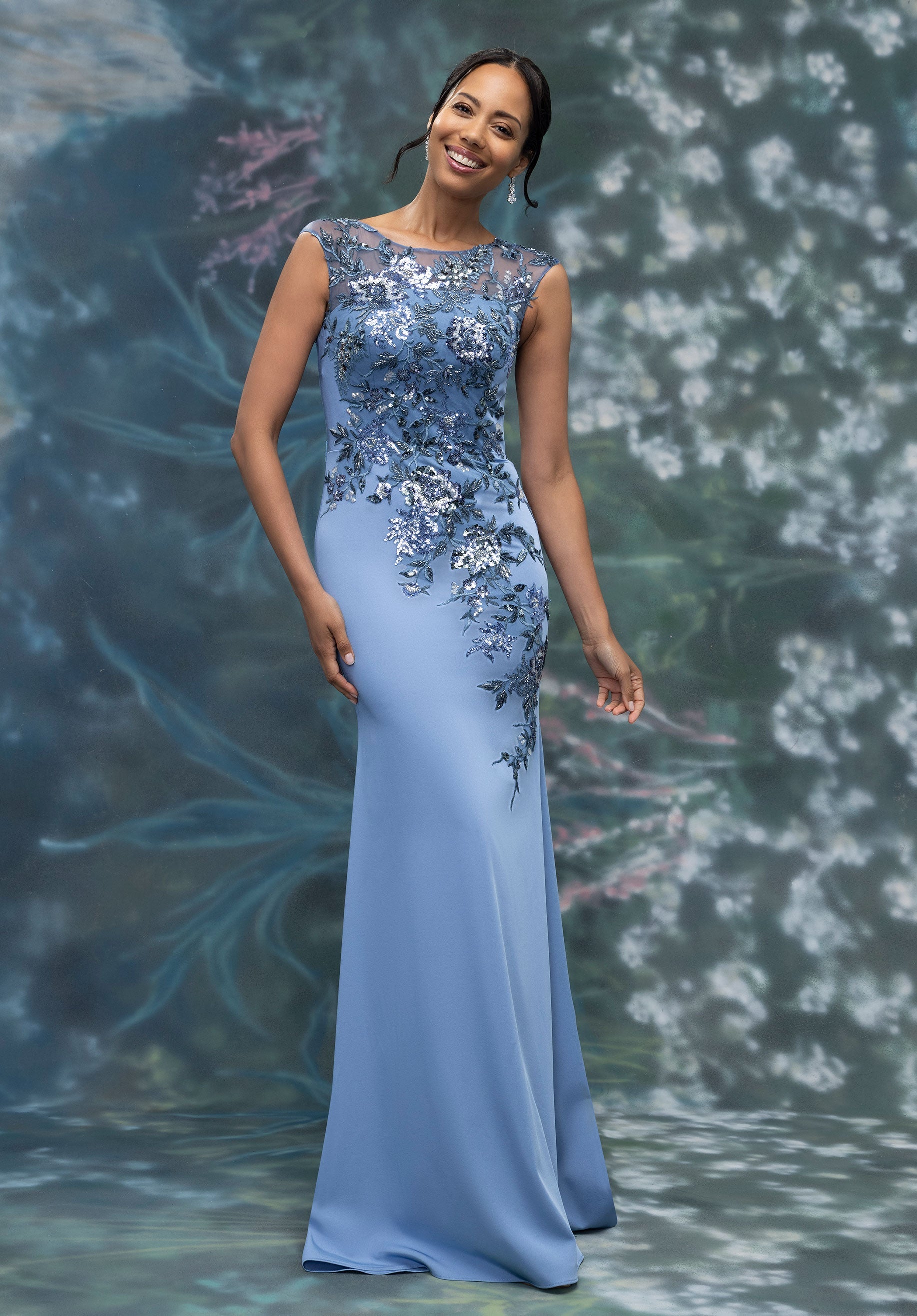 Beaded Floral Embroidered Stretch Crepe Evening Gown with Illusion Neckline