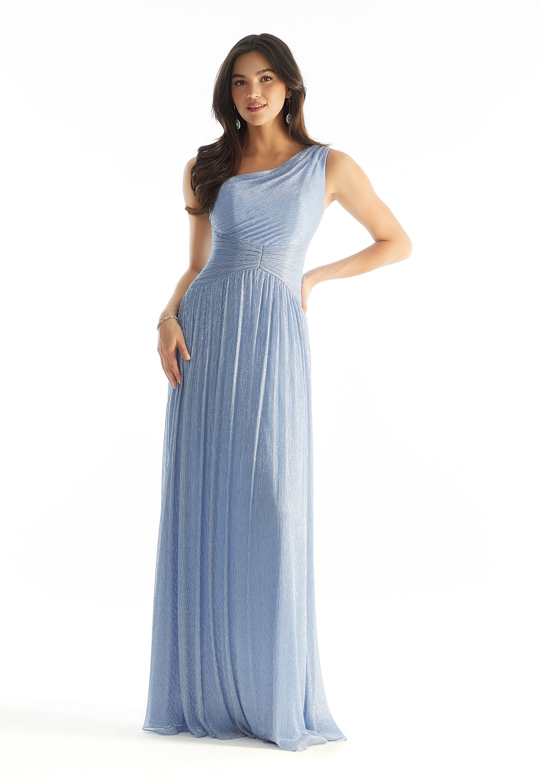 One Shoulder Pleated Shimmer Bridesmaid Dress with Asymmetric Waist Morilee