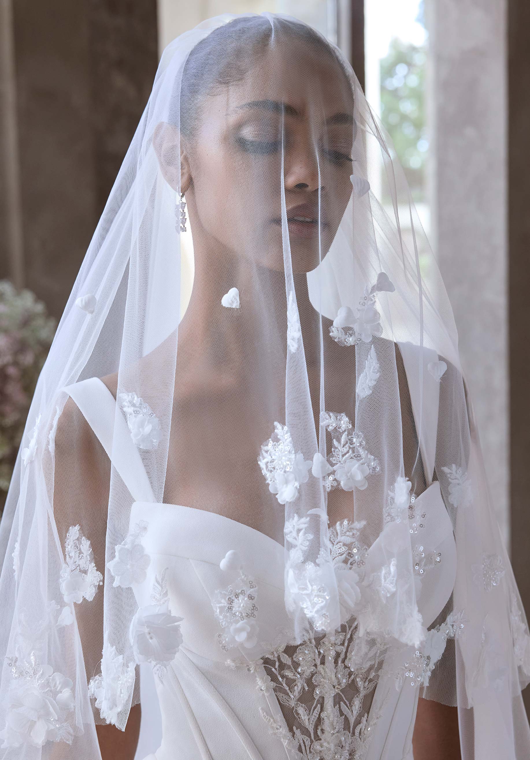 Floral and Beaded Cathedral Veil with Blusher Morilee