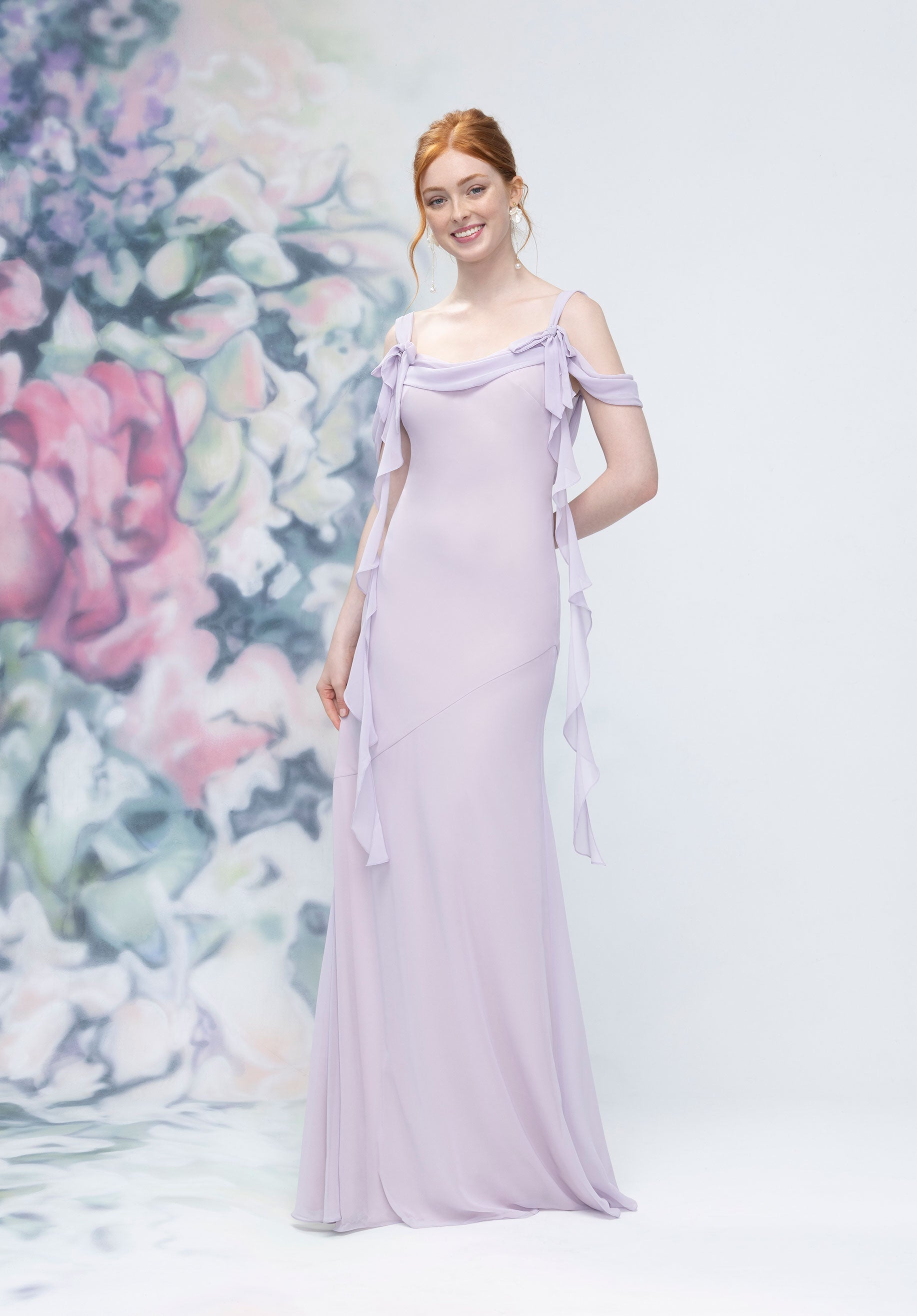 Cowl Detail Bias Cut Chiffon Bridesmaid Dress with Ruffle Drape