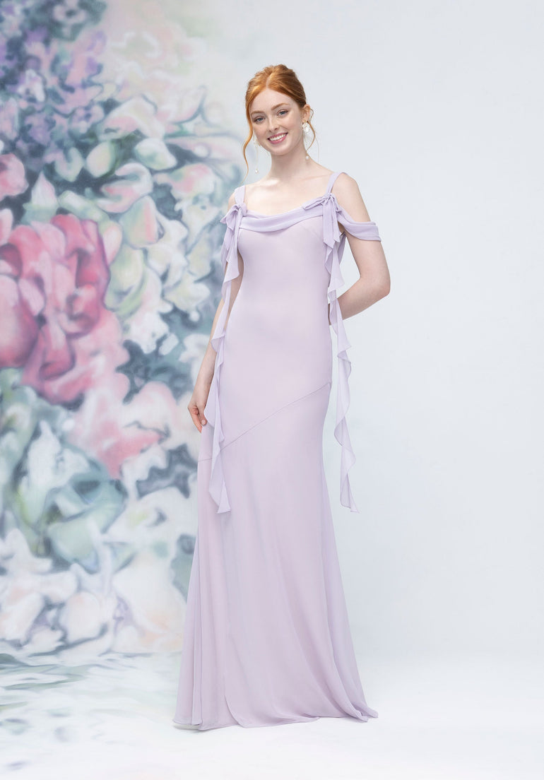 Cowl Detail Bias Cut Chiffon Bridesmaid Dress with Ruffle Drape