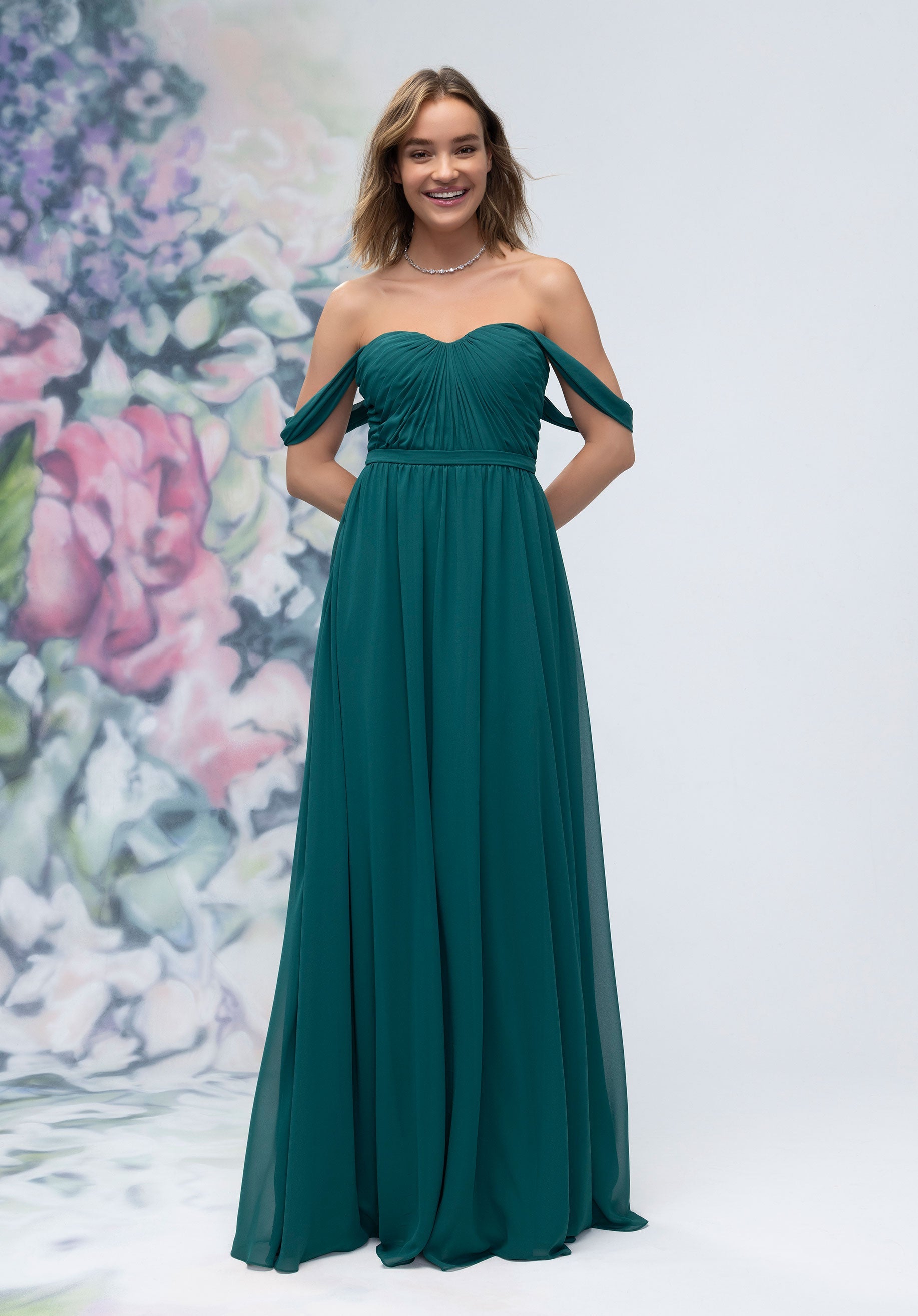 Ruched Sweetheart Chiffon Bridesmaid Dress with Off The Shoulder Sleeves