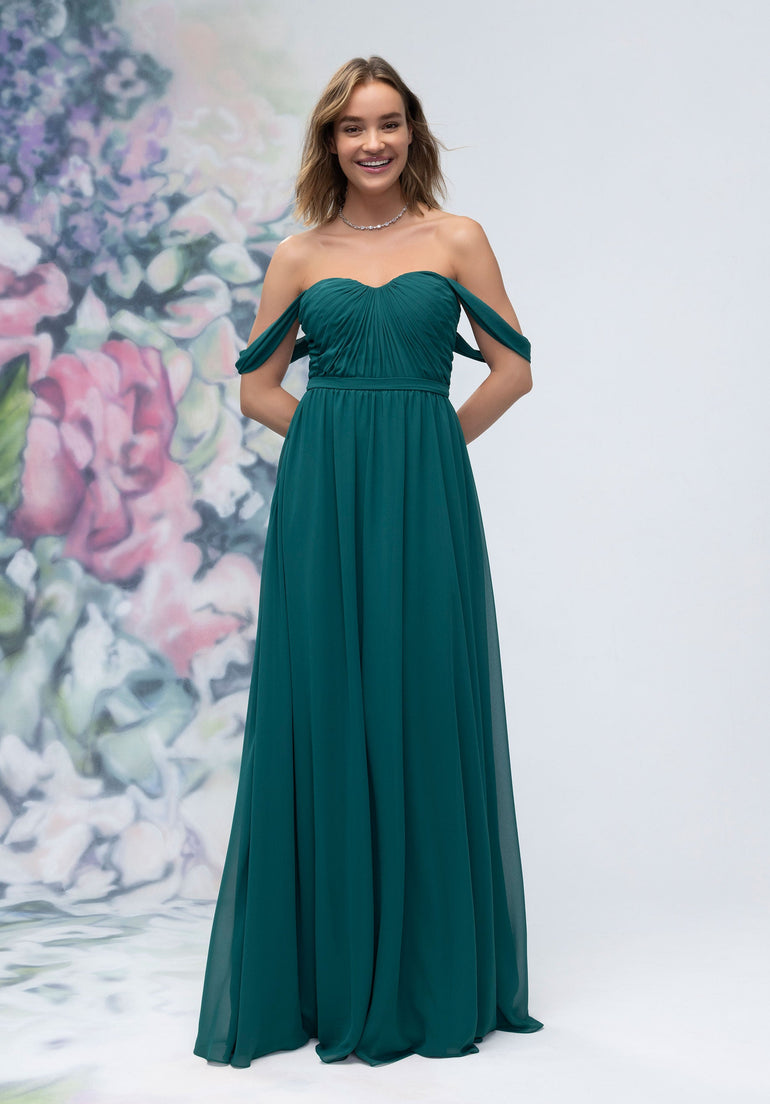 Ruched Sweetheart Chiffon Bridesmaid Dress with Off The Shoulder Sleeves