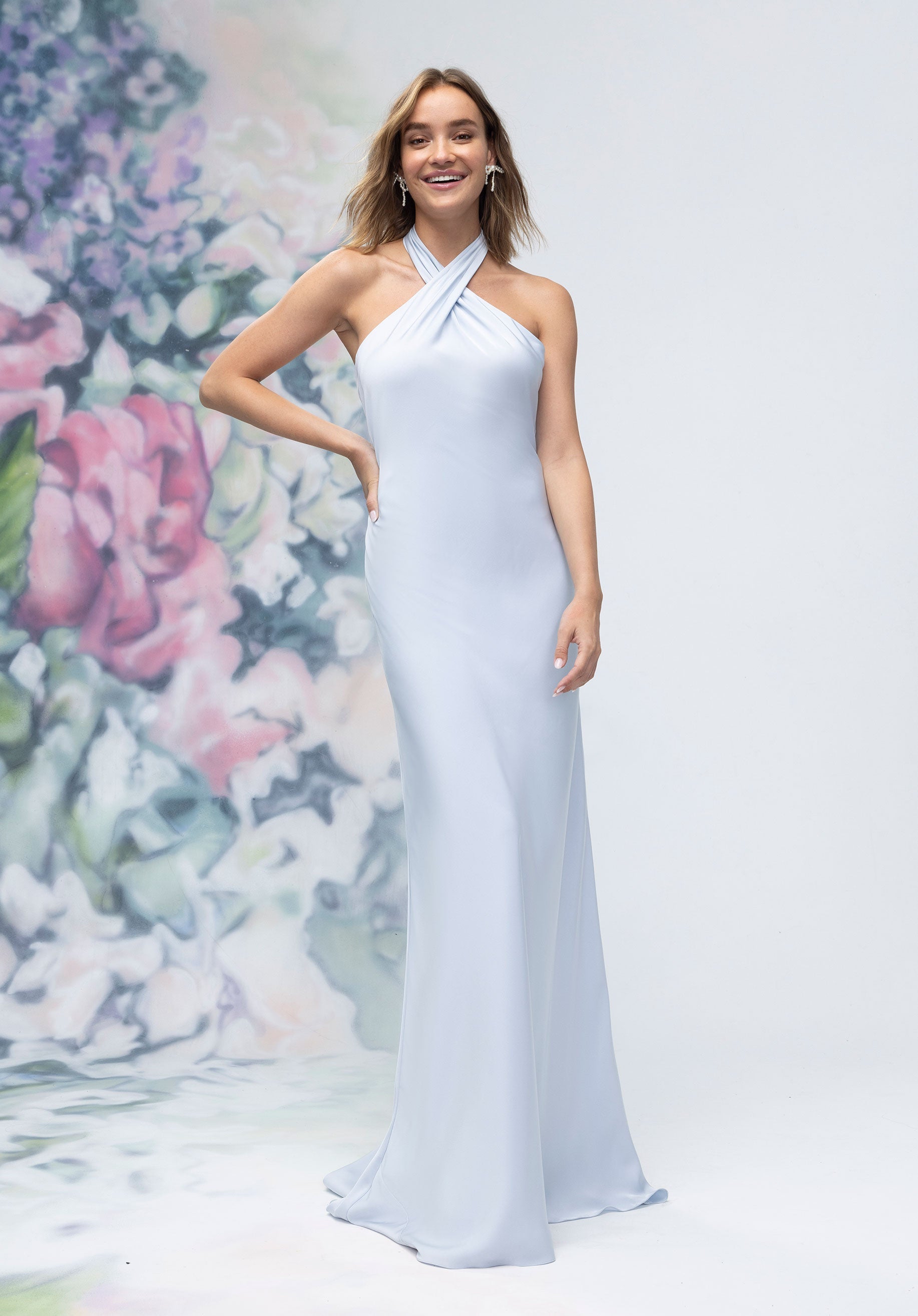 Criss Cross Halter Luxe Satin Sheath Bridesmaid Dress
