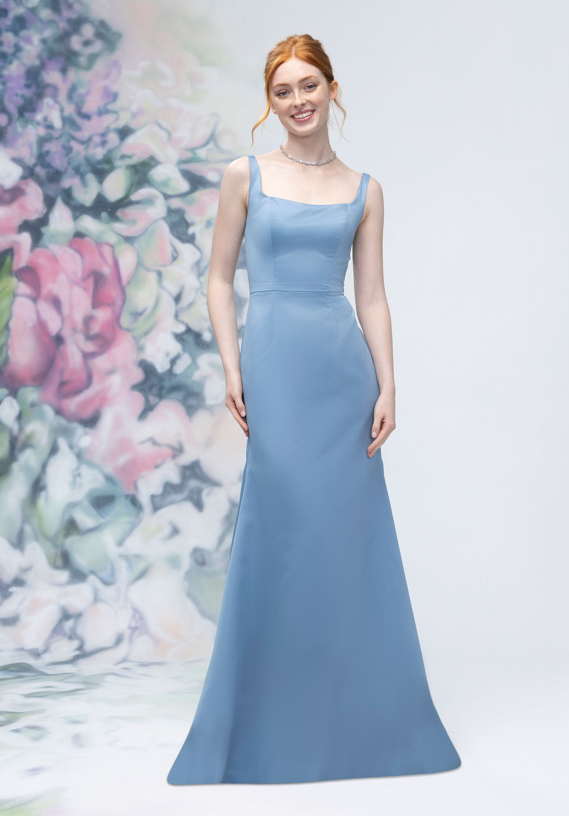 Square Neck Strap Back Satin Bridesmaid Dress