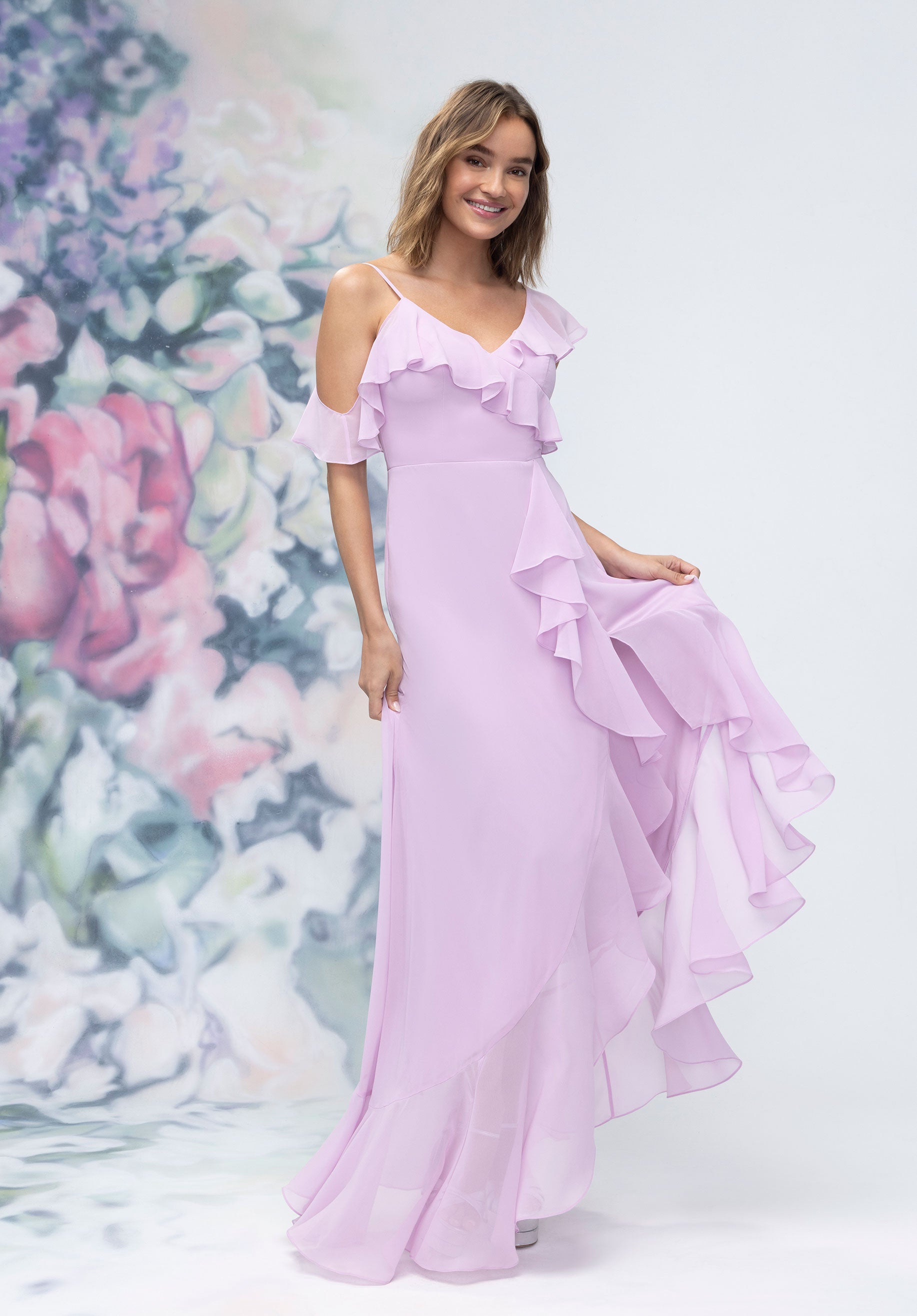 Asymmetrical Cascading Ruffle Chiffon Bridesmaid Dress