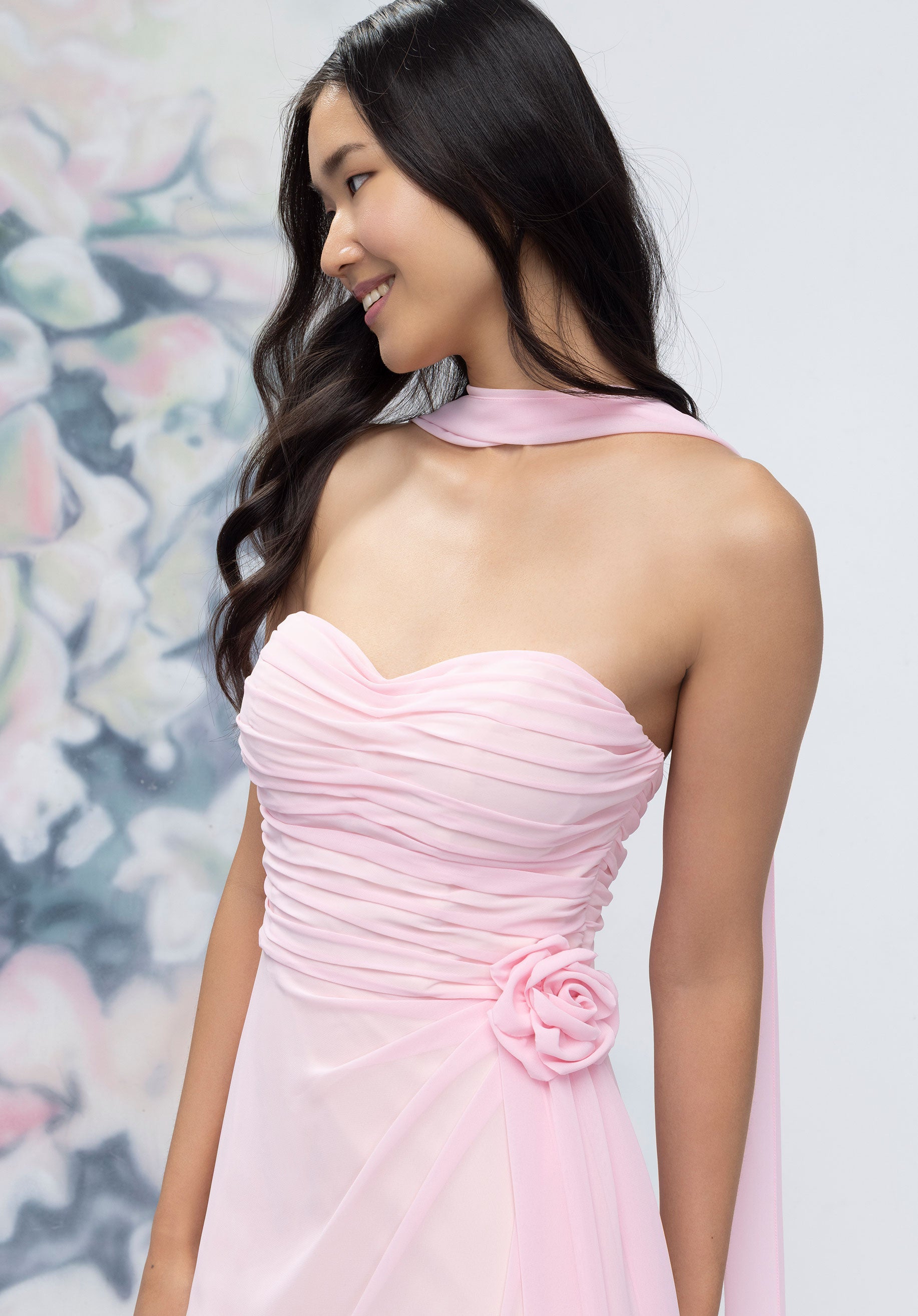 Draped Strapless Sweetheart Bridesmaid Dress with Detachable Rosette and Scarf