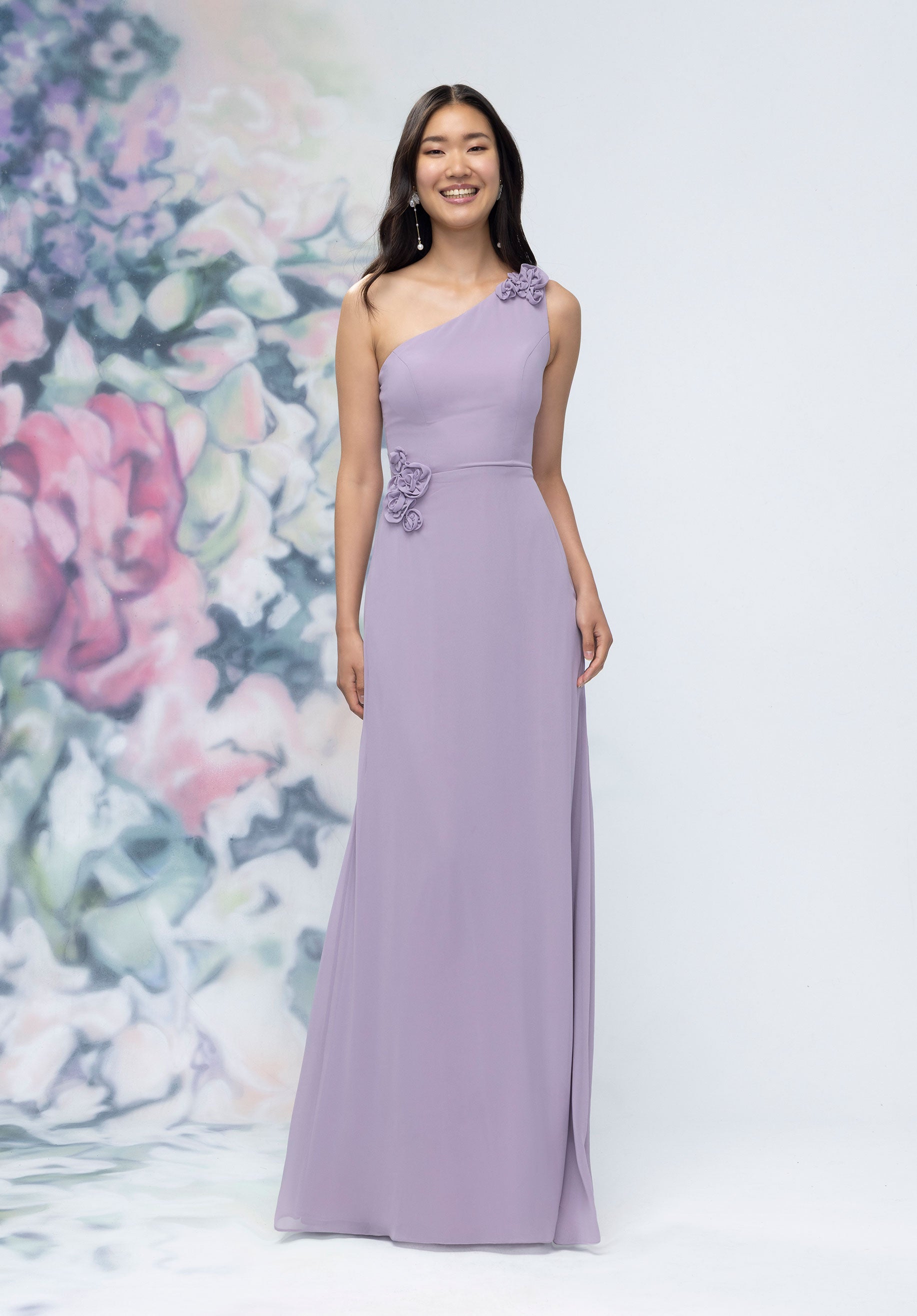 One Shoulder Chiffon Bridesmaid Dress with 3D Floral Details