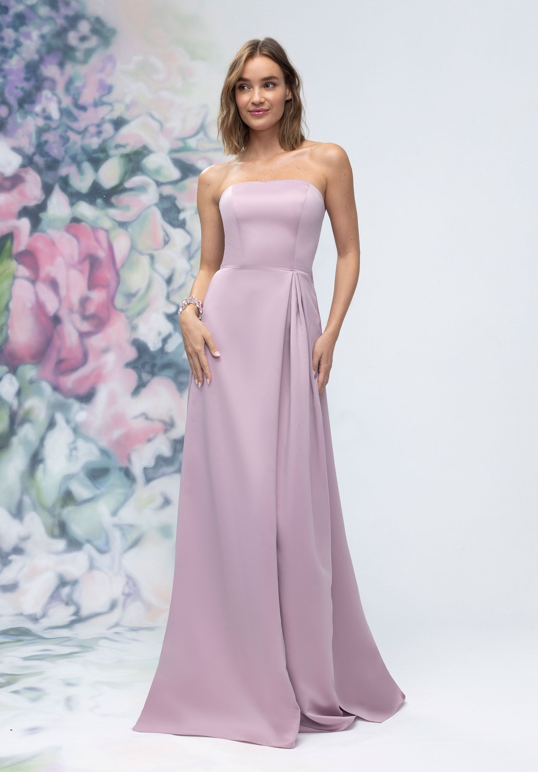 Strapless Straight Neck Satin Bridesmaid Dress with Detachable Watteau Back