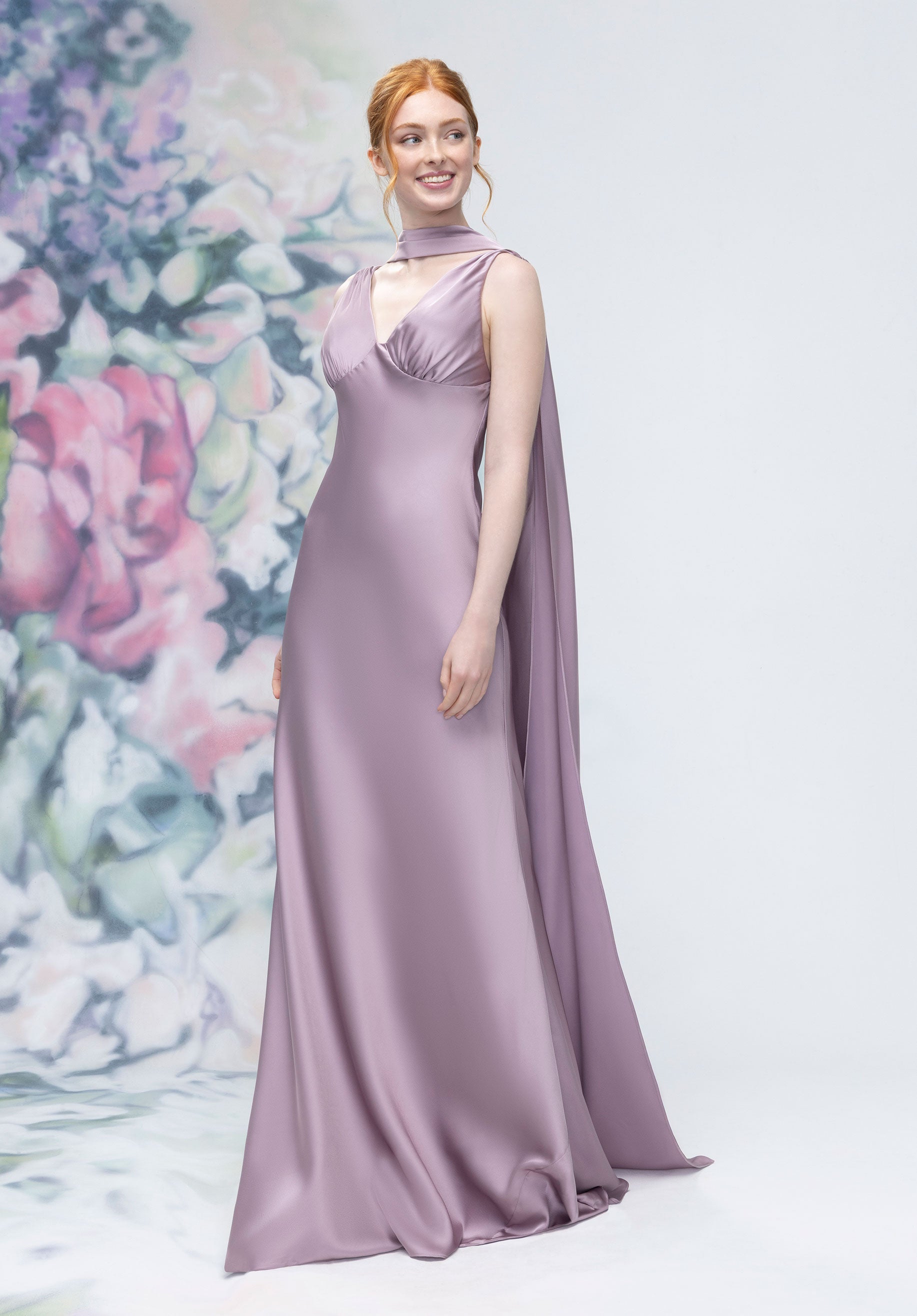 V-Neck Empire Waist Open Back Bridesmaid Dress with Neck Scarf