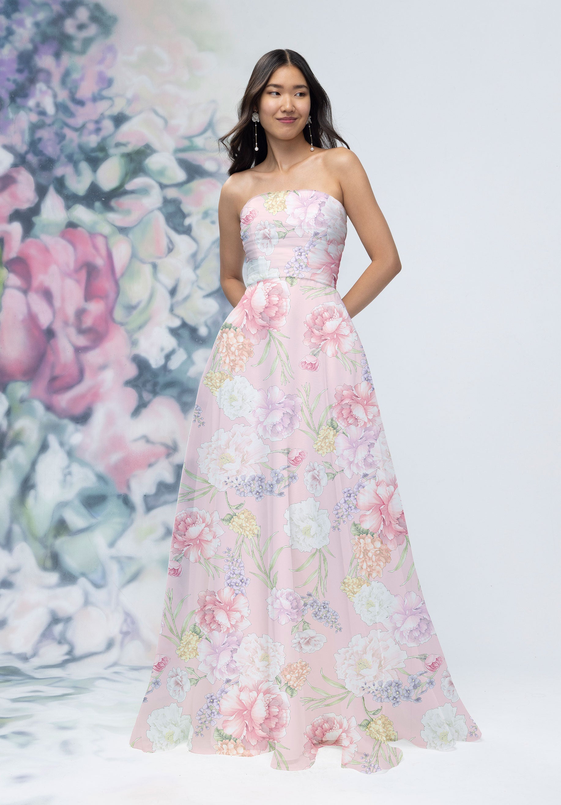 Strapless Draped Floral Printed Organza and Chiffon Bridesmaid Dress