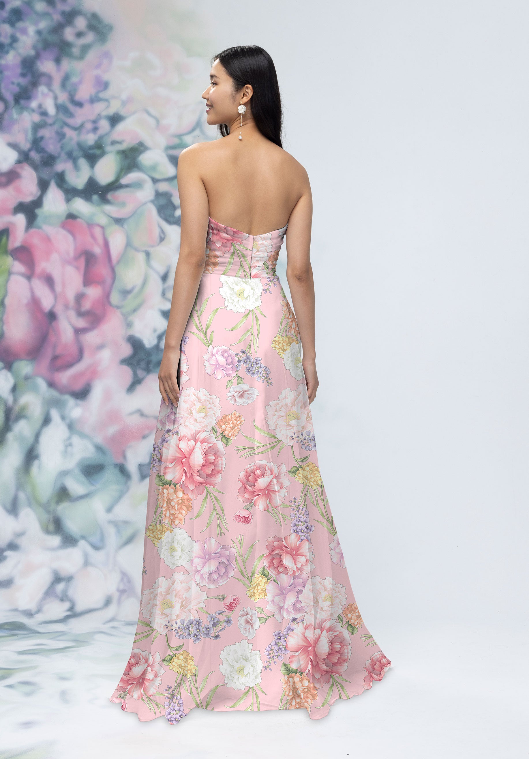 Strapless Draped Floral Printed Organza and Chiffon Bridesmaid Dress