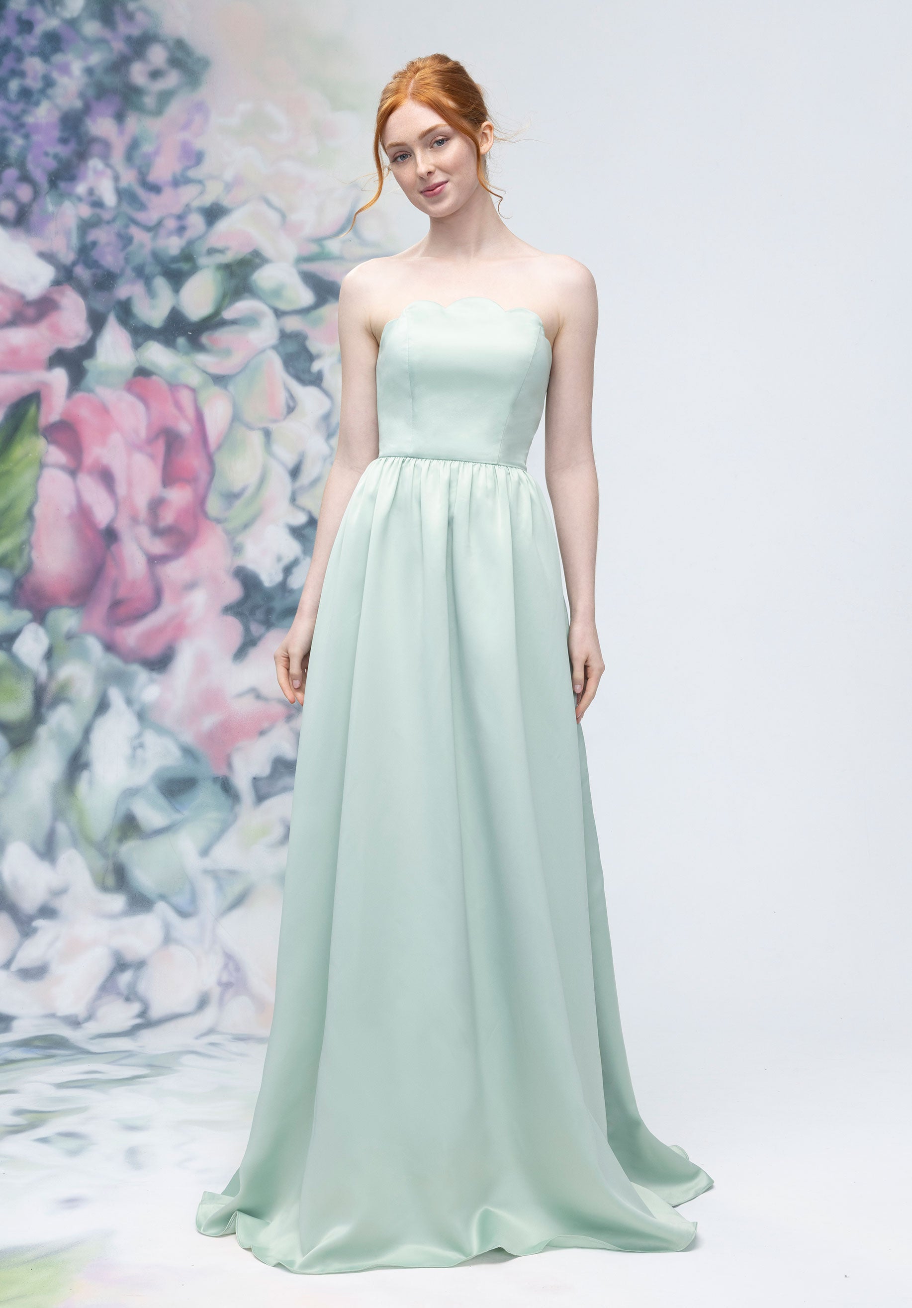 Scallop Edged Strapless Satin A-Line Bridesmaid Dress