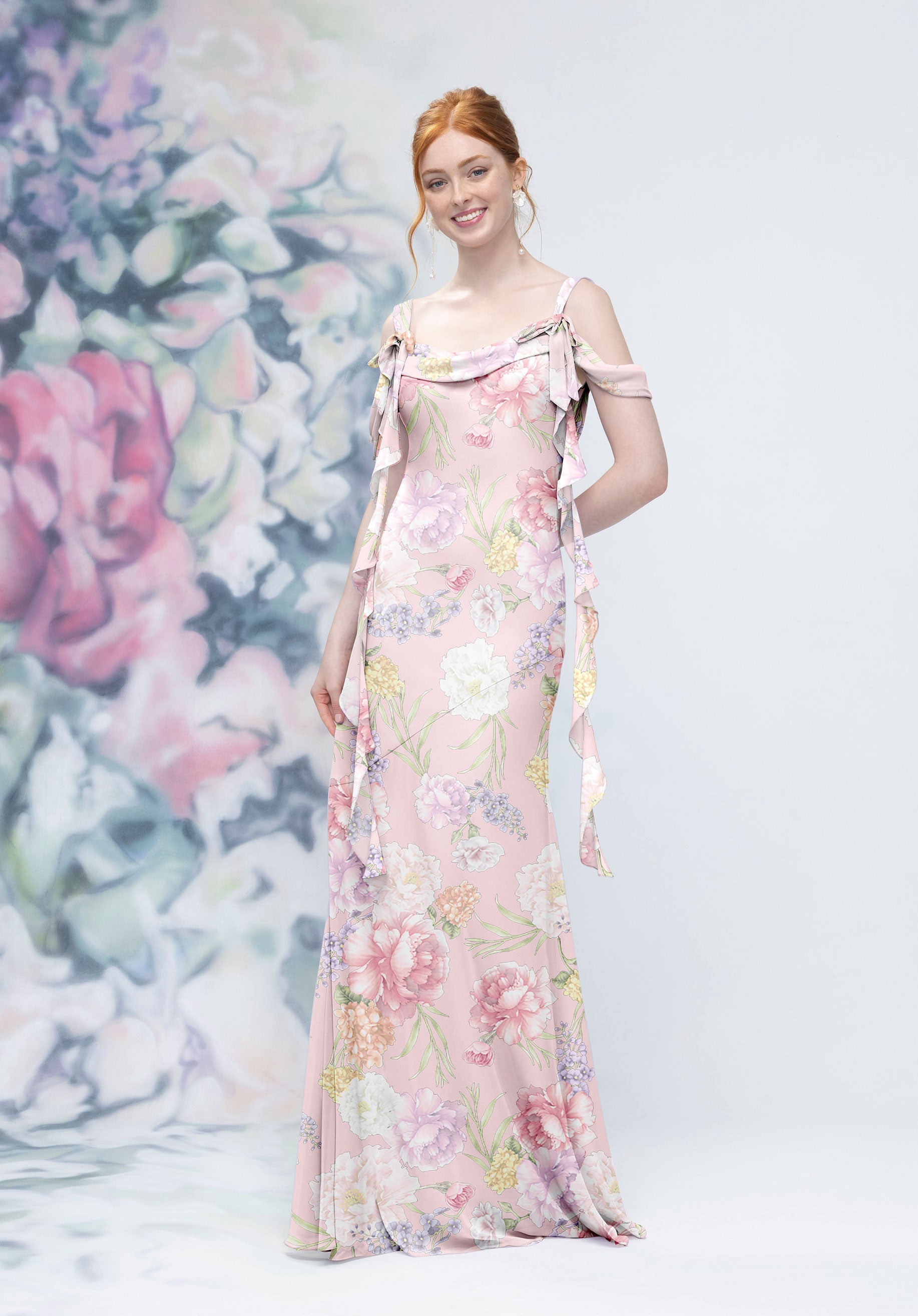 Floral Printed Bias Cut Cowl Detail Bridesmaid Dress with Ruffles