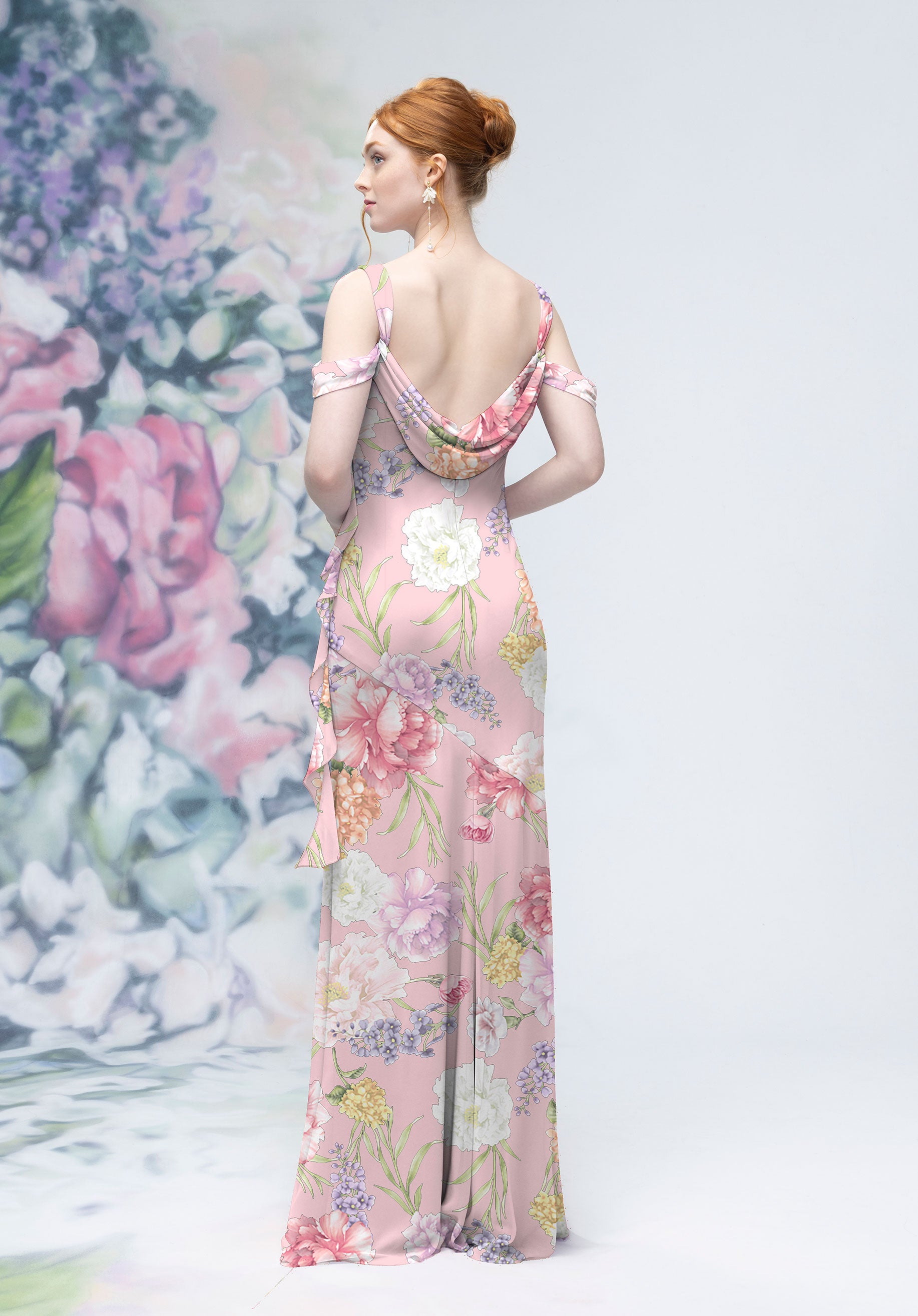 Floral Printed Bias Cut Cowl Detail Bridesmaid Dress with Ruffles