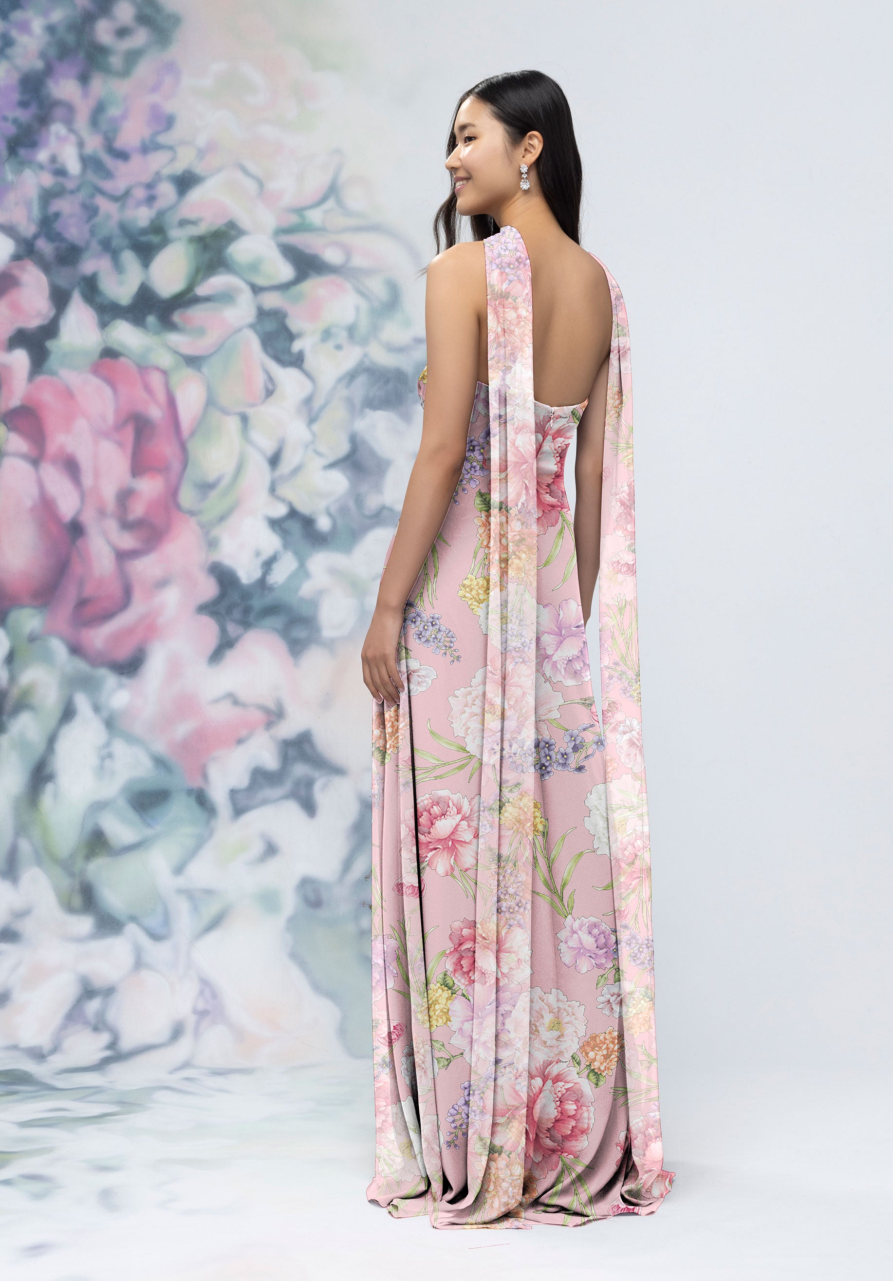 Strapless Floral Printed Chiffon Column Bridesmaid Dress with Scarf