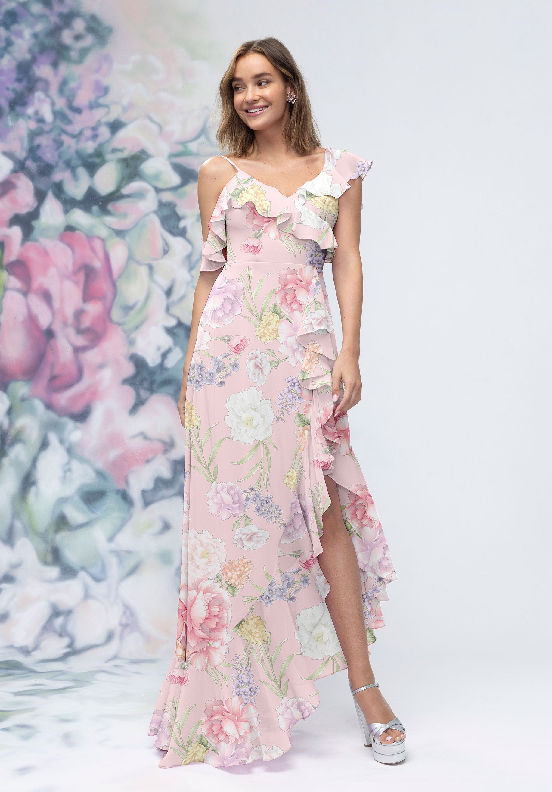 Asymmetric Ruffle Floral Printed Chiffon Bridesmaid Dress